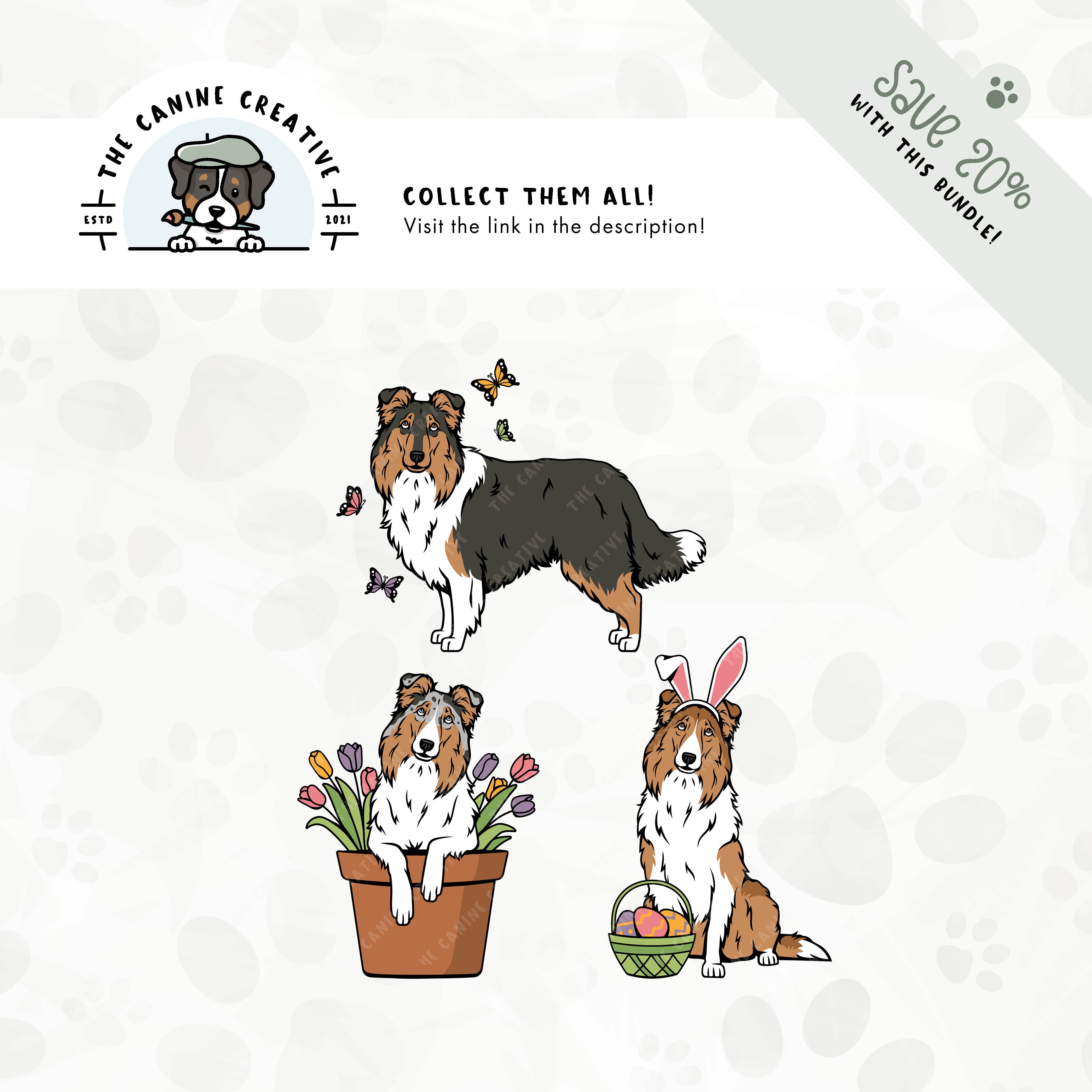 Save 20% with our related 3-pack, Rough Collie/Shetland Sheepdog springtime illustration bundle!