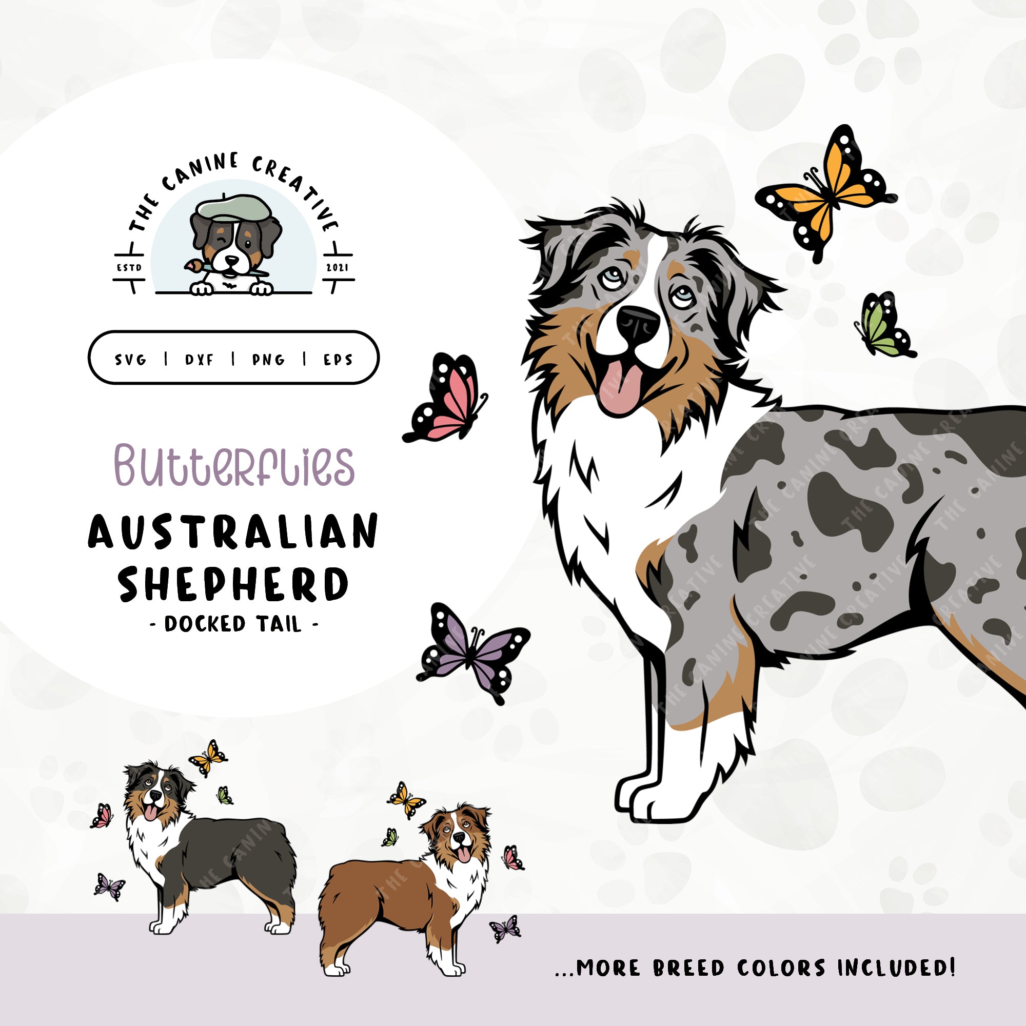 This springtime illustration features a docked tail Australian Shepherd among colorful butterflies. File formats include: SVG, DXF, PNG, and EPS.