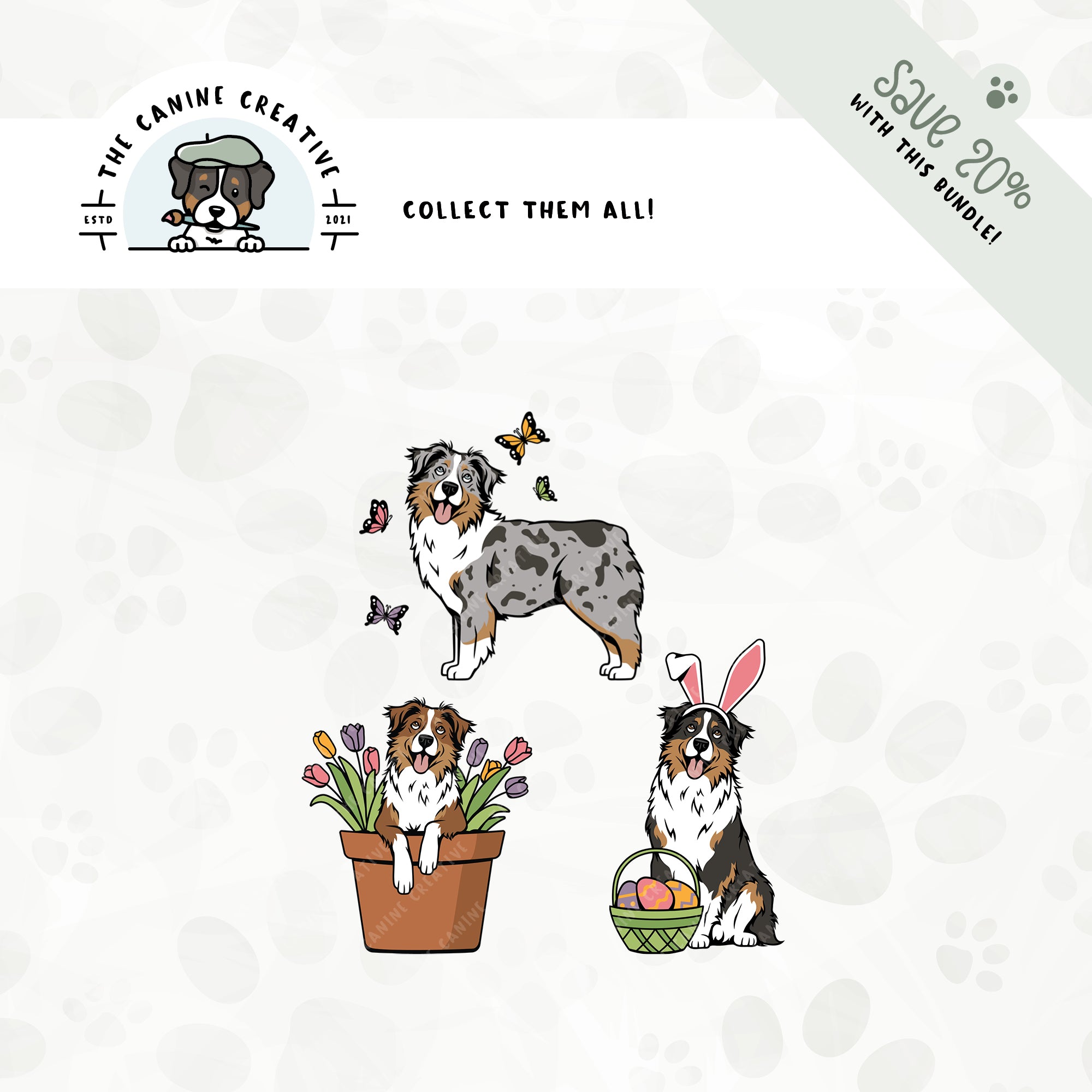 Save 20% with our related 3-pack springtime design bundle featuring Australian Shepherds with docked tails!