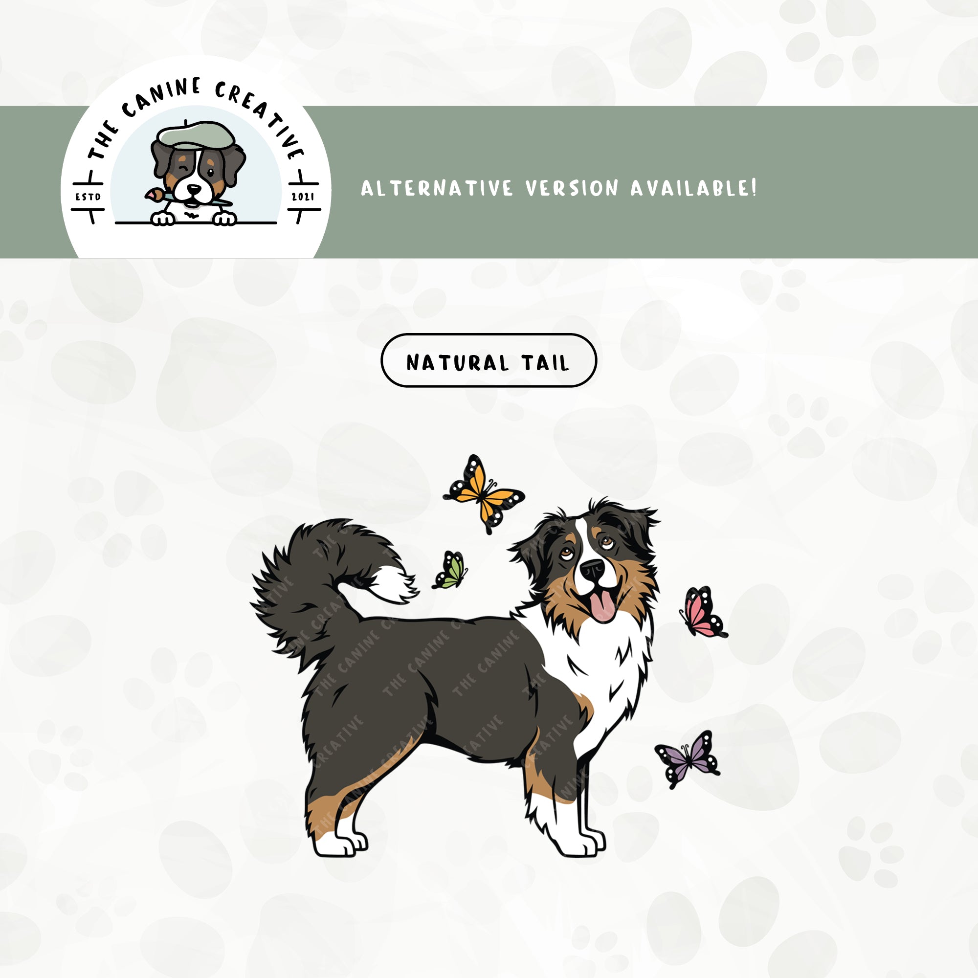A long tail version is also available for this Australian Shepherd with butterflies design.