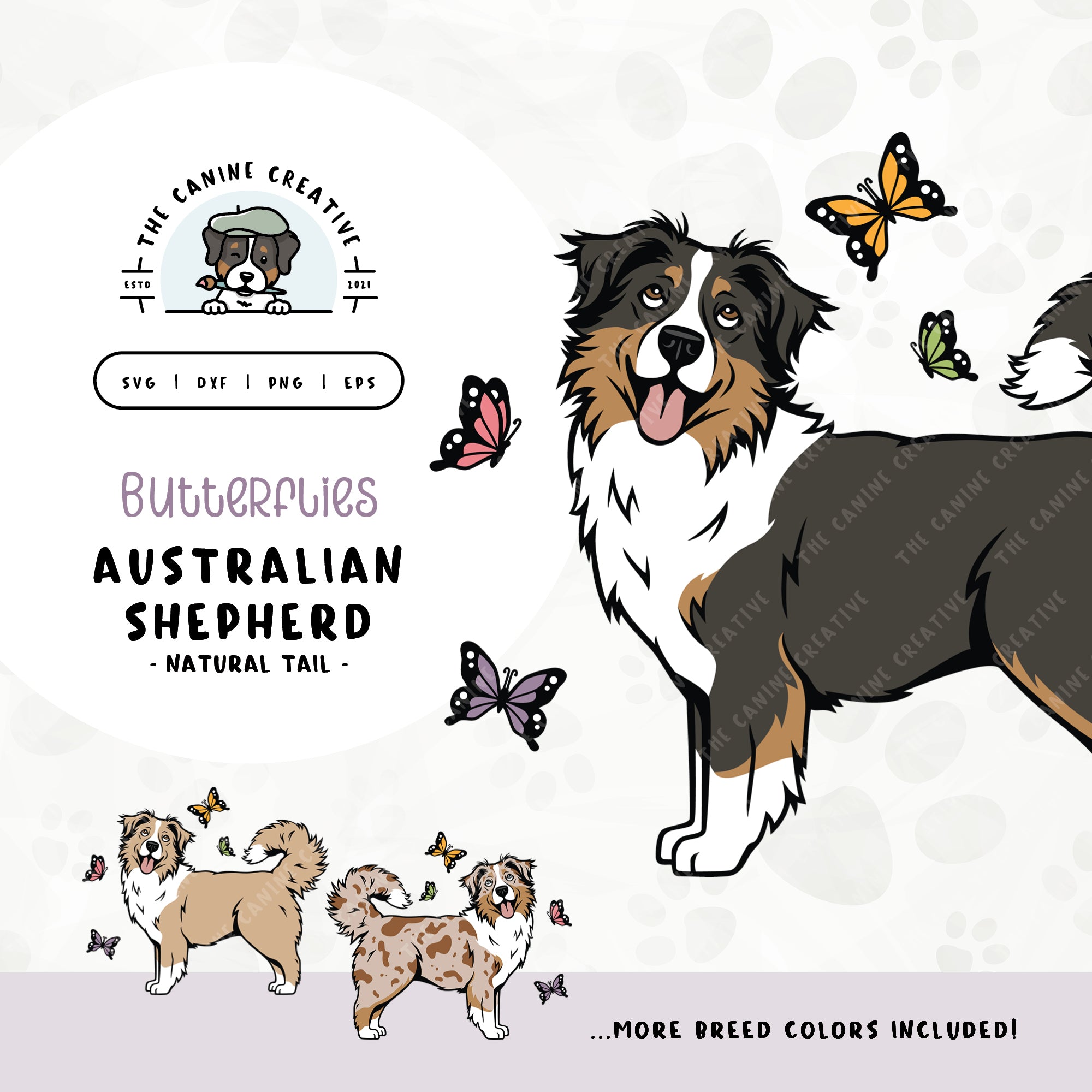This springtime illustration features a long tail Australian Shepherd among colorful butterflies. File formats include: SVG, DXF, PNG, and EPS.