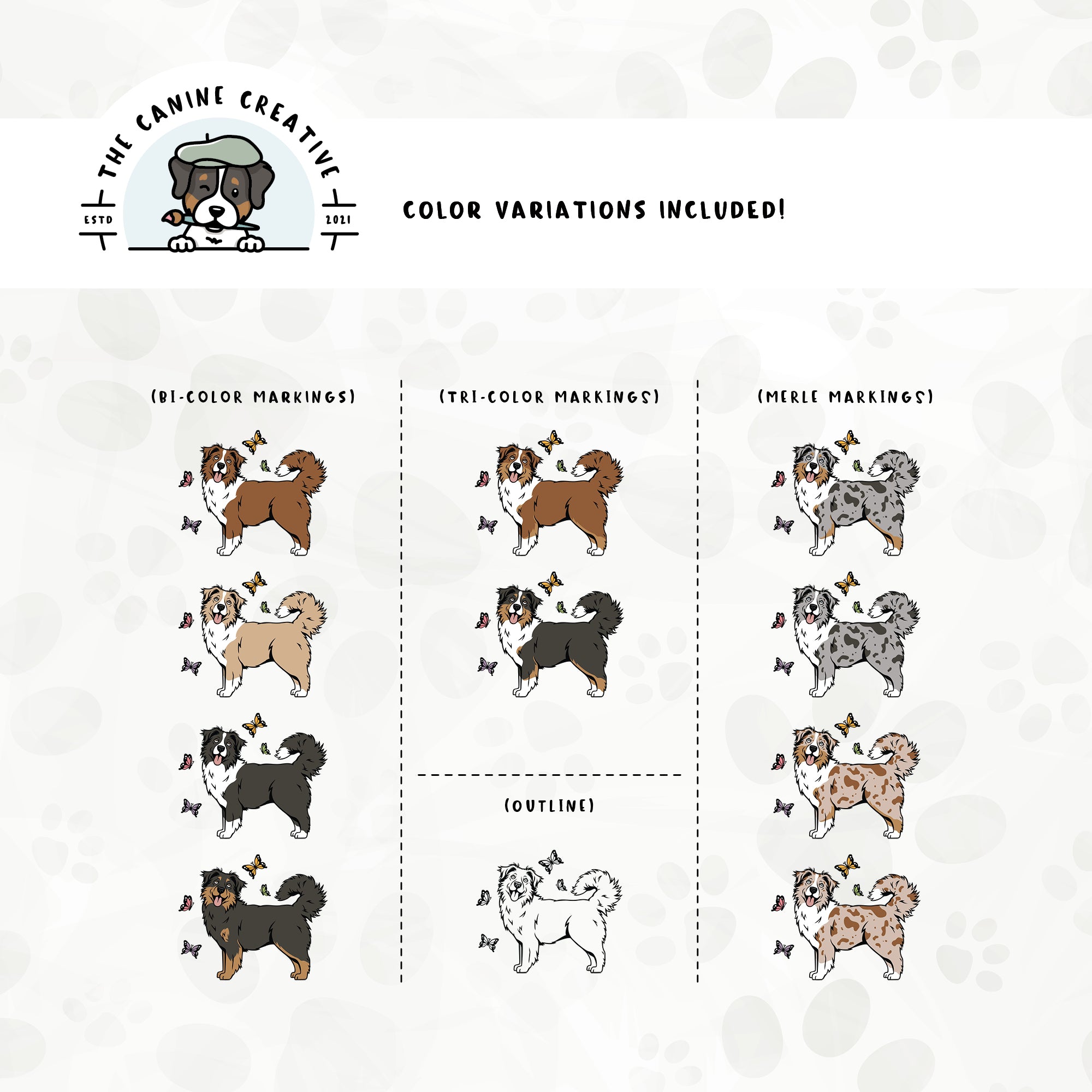 Dog color variations for this design set includes common color and marking variations found in Aussies (bi, tri, and Merle), as well as an outline option. 
