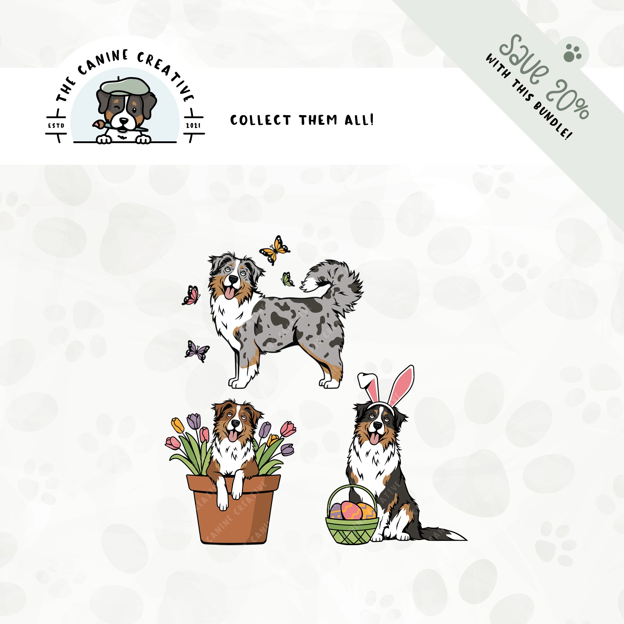 Save 20% with our related 3-pack springtime design bundle featuring Australian Shepherds with long tails!