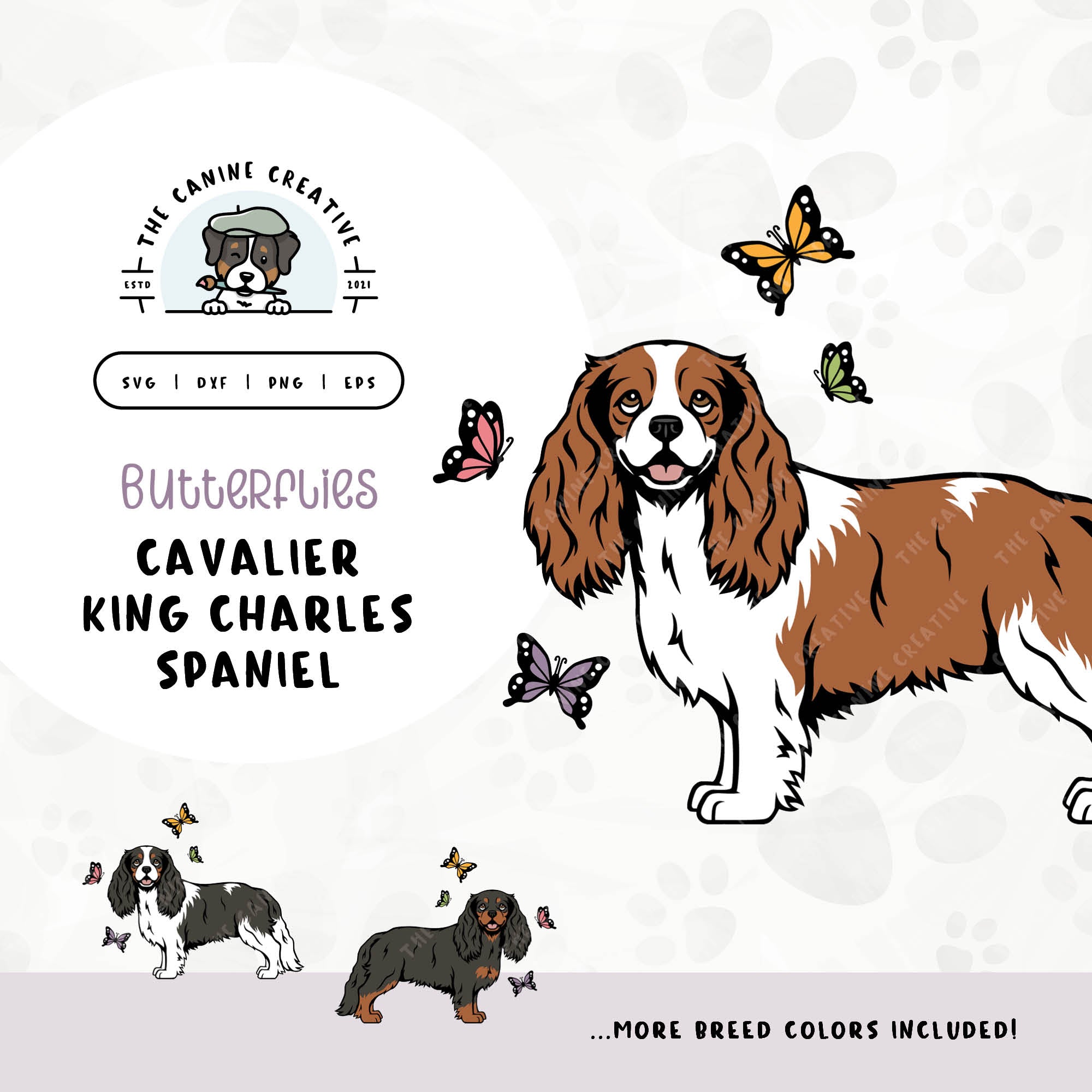 This springtime illustration features a Cavalier King Charles Spaniel among colorful butterflies. File formats include: SVG, DXF, PNG, and EPS.