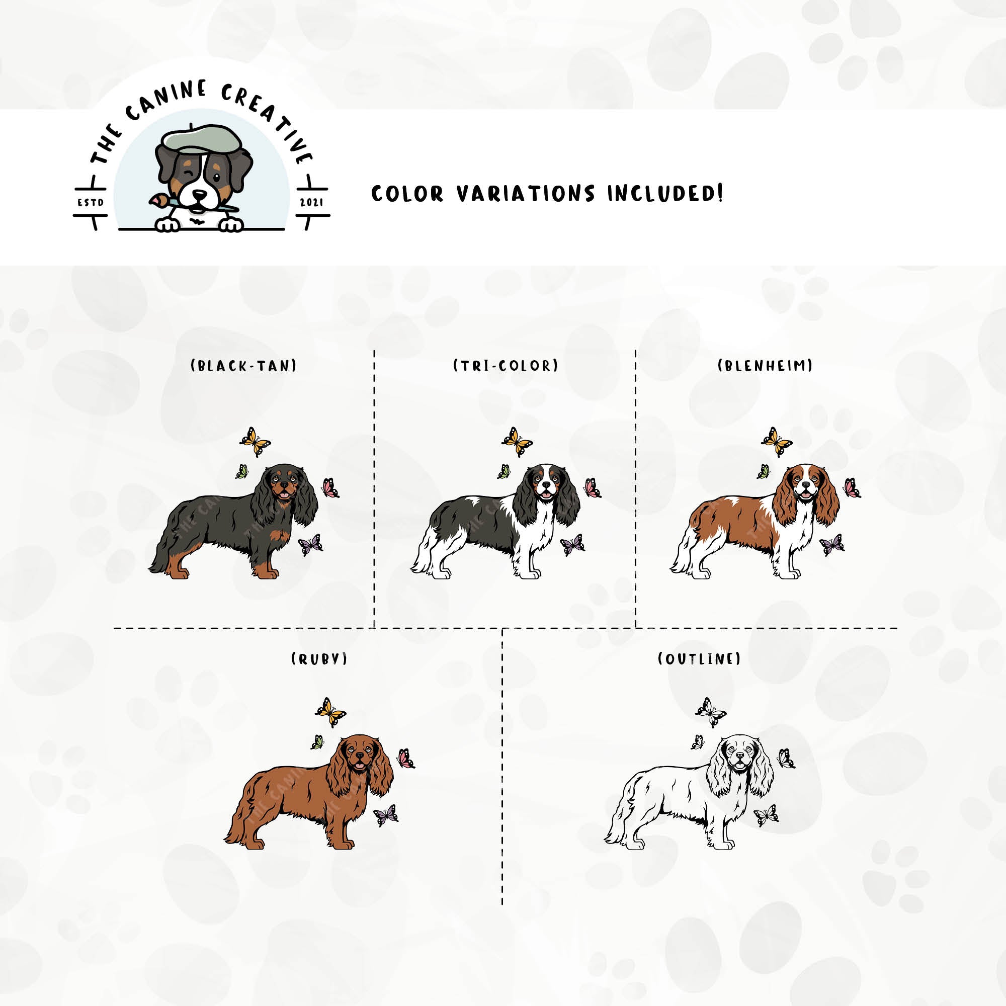 Dog color variations for this Cavalier King Charles Spaniel design set includes common color and marking variations found in this breed (blenheim, tri-color, black-tan, and ruby), as well as an outline option.