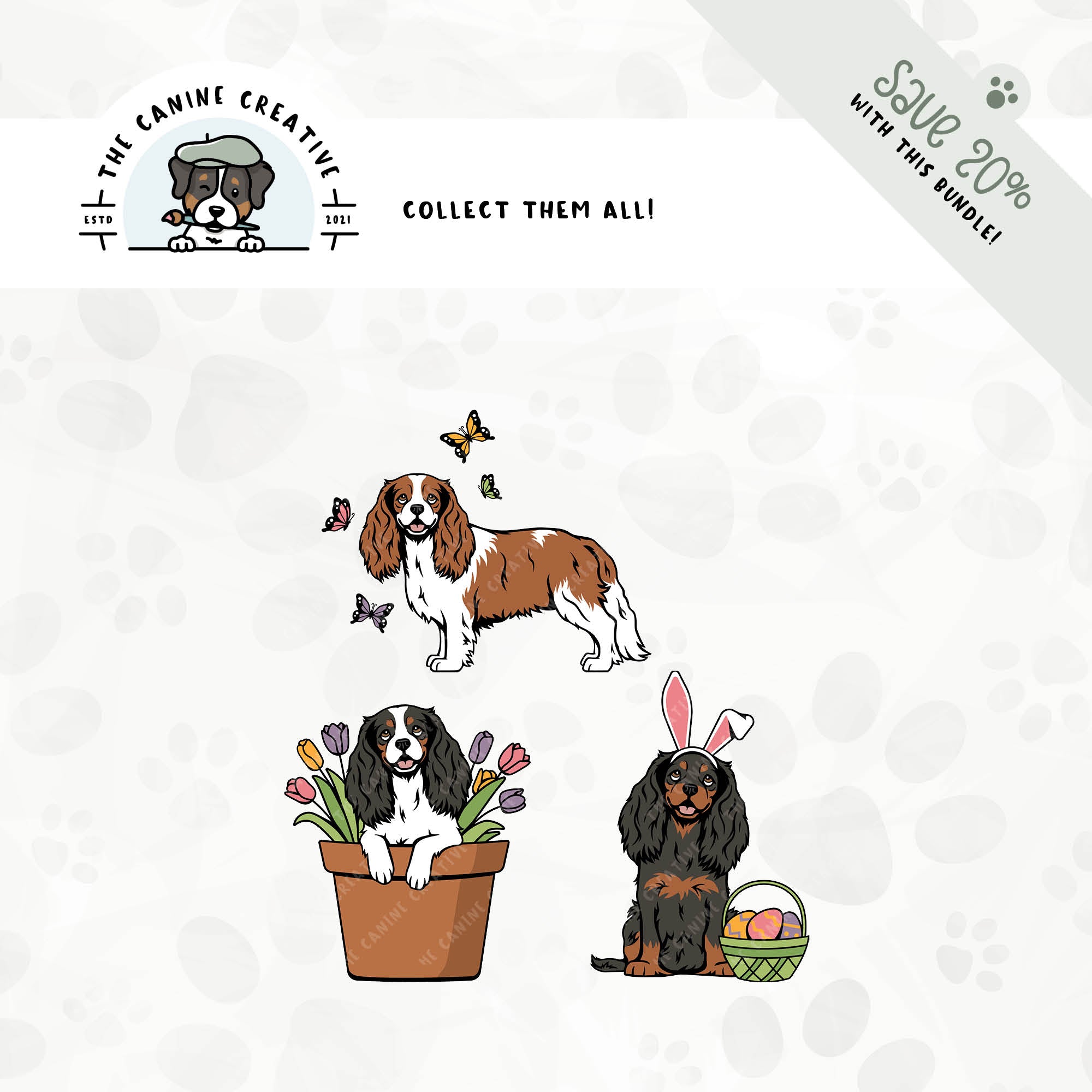 Save 20% with our related 3-pack springtime design bundle featuring Cavalier King Charles Spaniels!