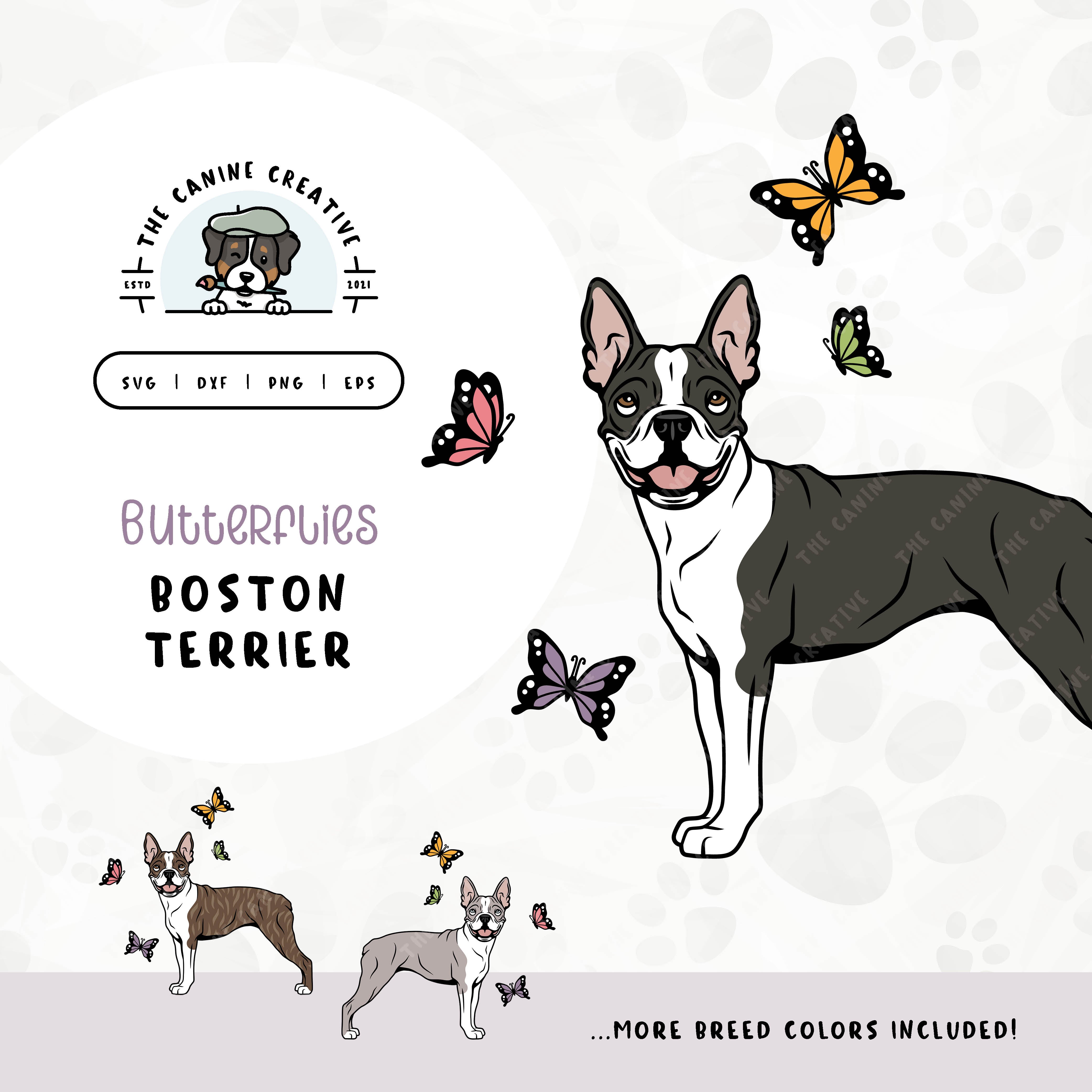 This springtime illustration features a Boston Terrier among colorful butterflies. File formats include: SVG, DXF, PNG, and EPS.