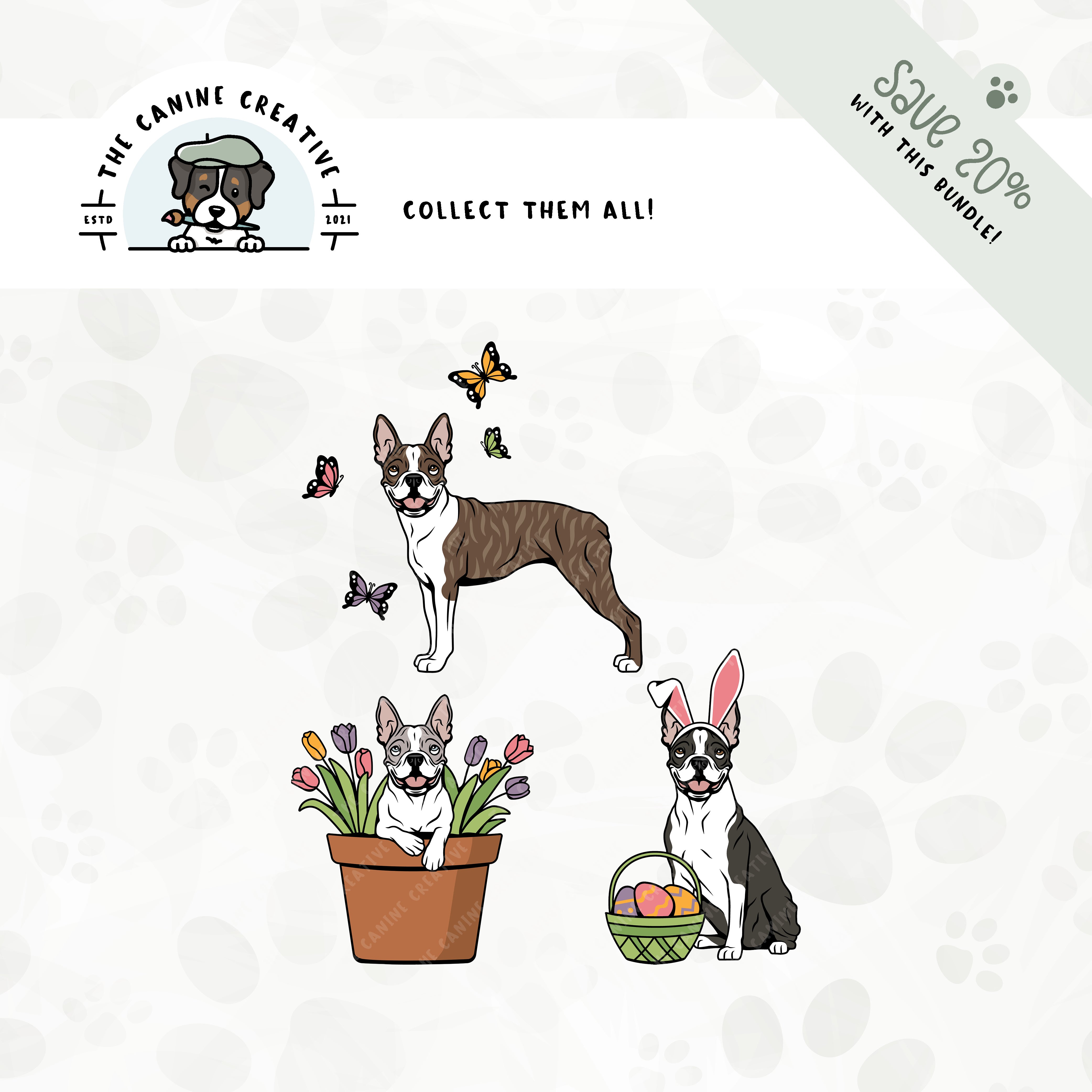Save 20% with our related 3-pack springtime design bundle featuring Boston Terriers!