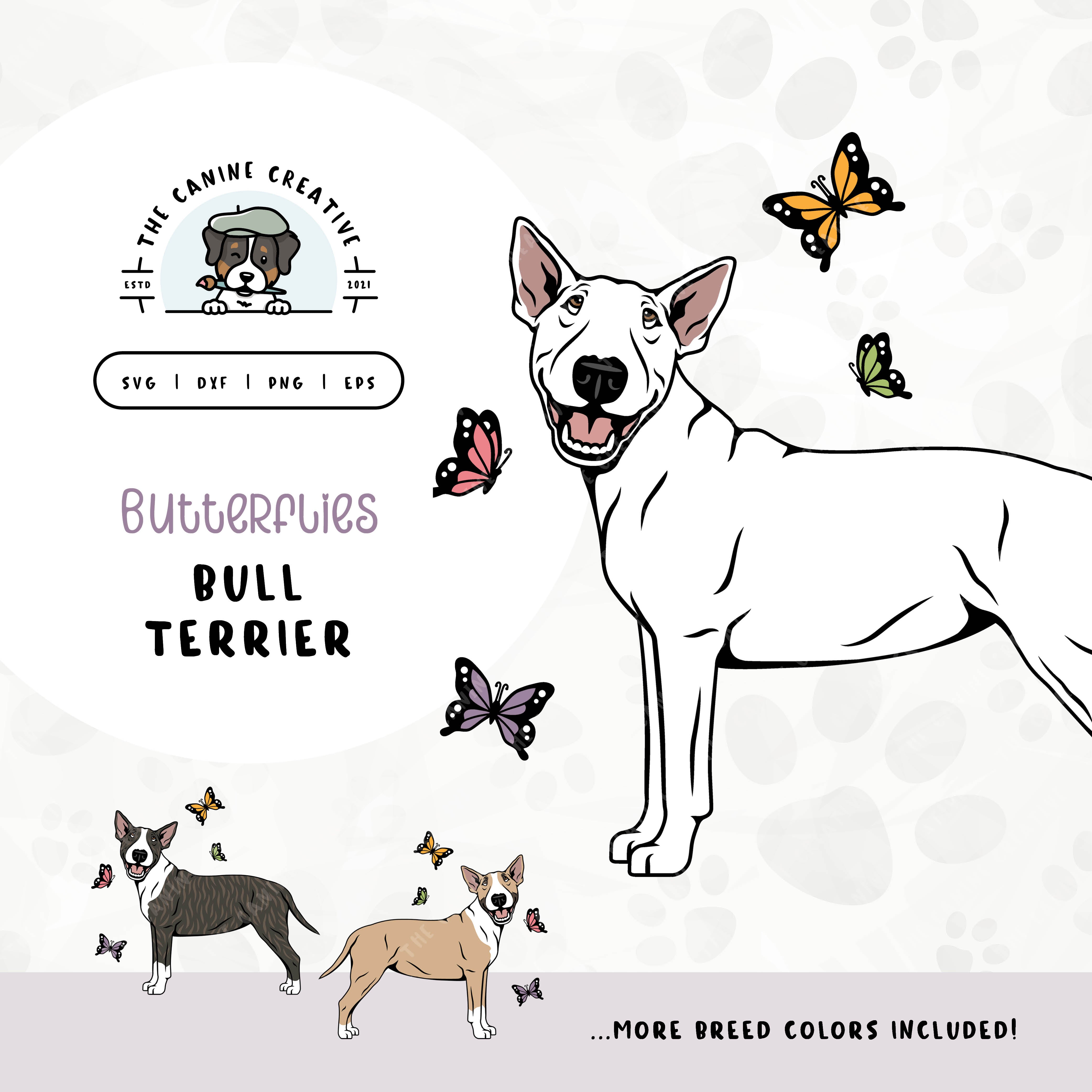 This springtime illustration features a Bull Terrier among colorful butterflies. File formats include: SVG, DXF, PNG, and EPS.