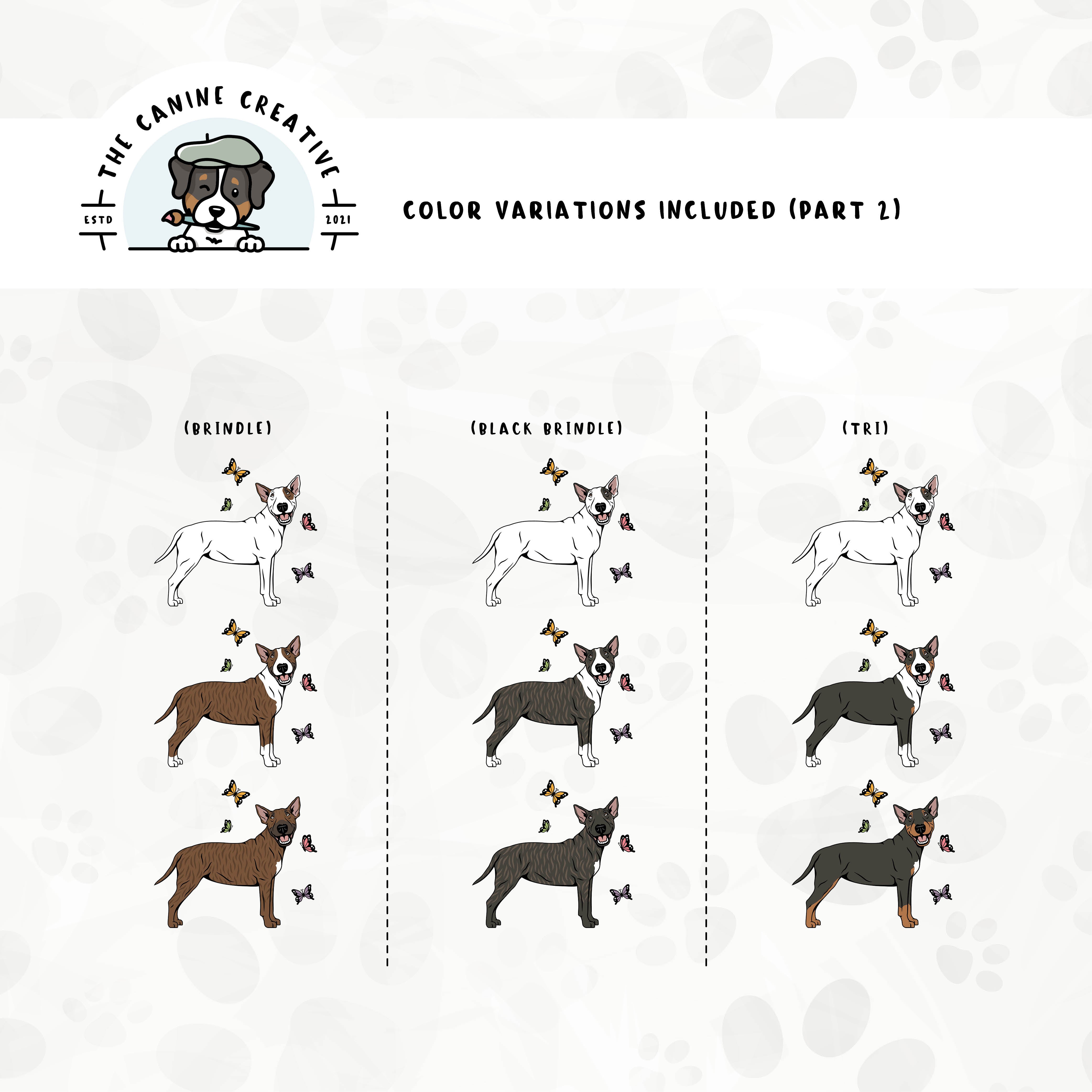 Part 2 of dog color variations for this design set includes common color and marking variations found in this Bully breed (brindle and tri-color).