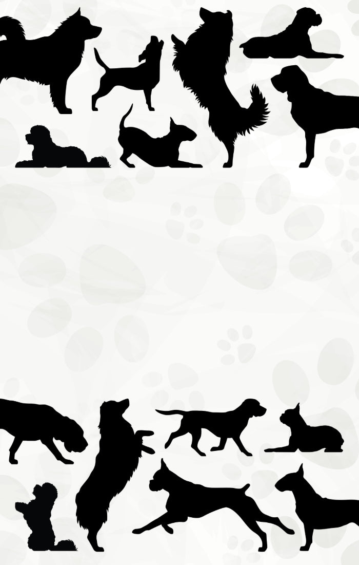 Side profile silhouettes of various dog breeds