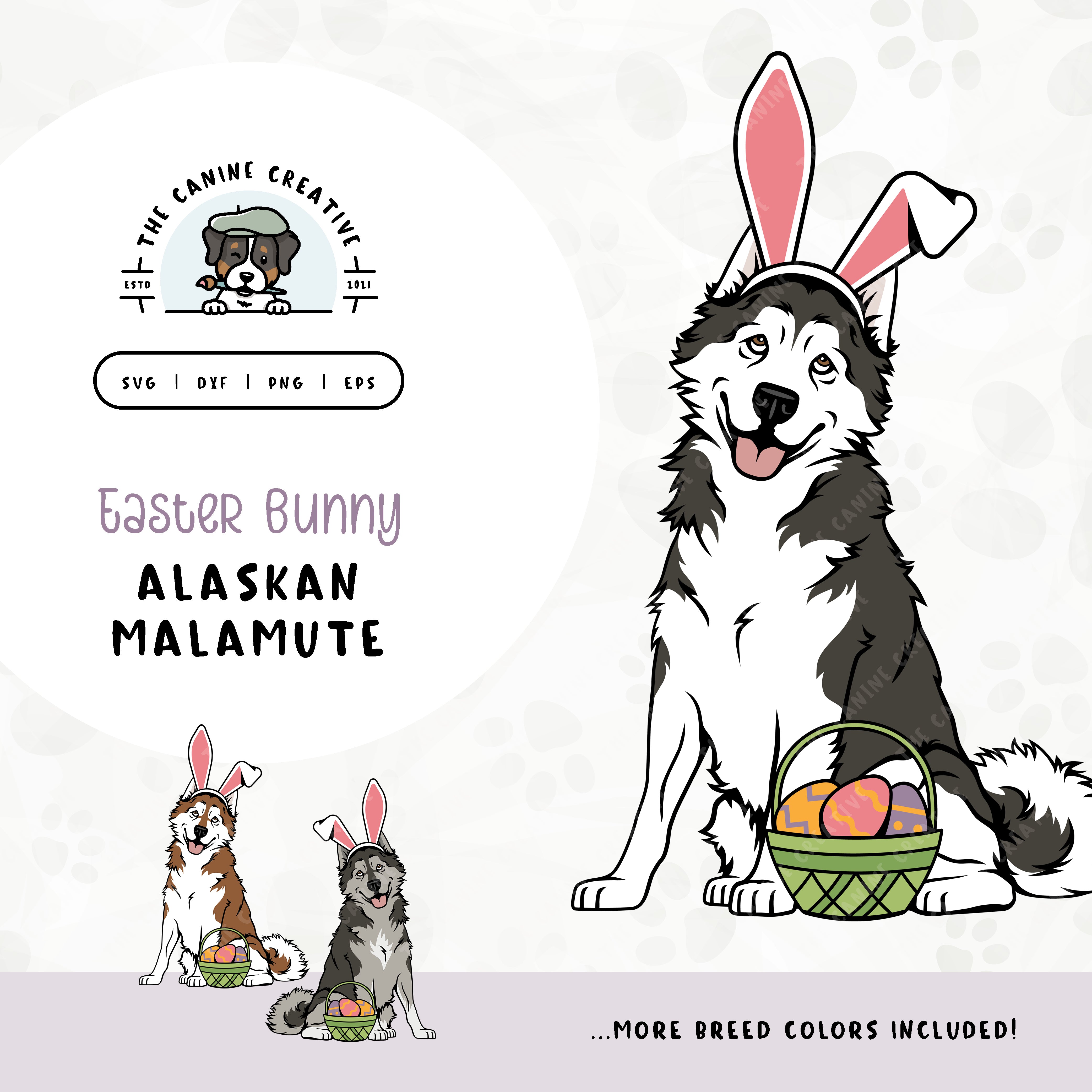 This springtime illustration features an Alaskan Malamute adorned with festive bunny ears sitting next to a basket of brightly-colored Easter eggs. File formats include: SVG, DXF, PNG, and EPS.