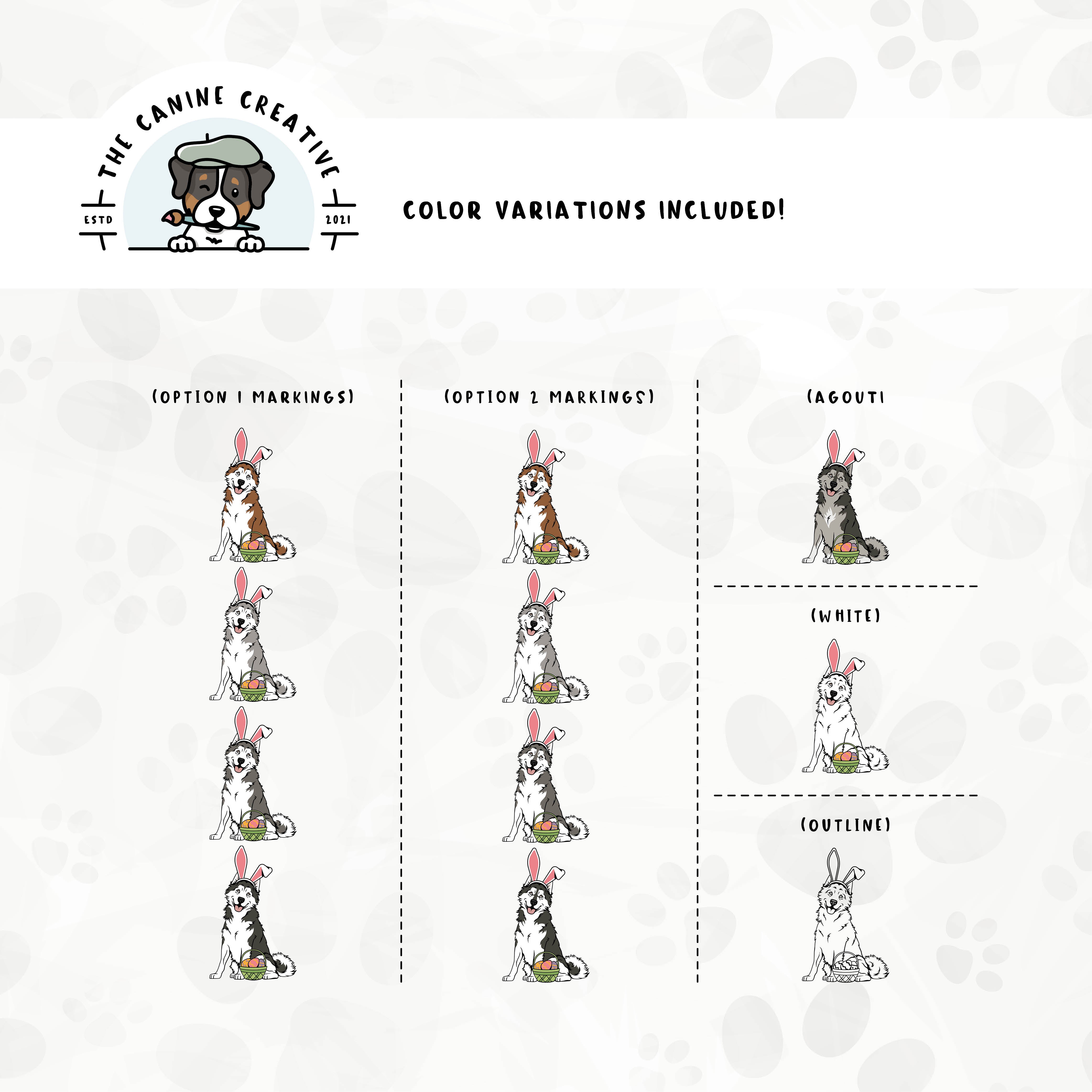 Dog color variations for this design set includes common color and marking variations found in Alaskan Malamutes (bi-color, Agouti, and white), as well as an outline option.