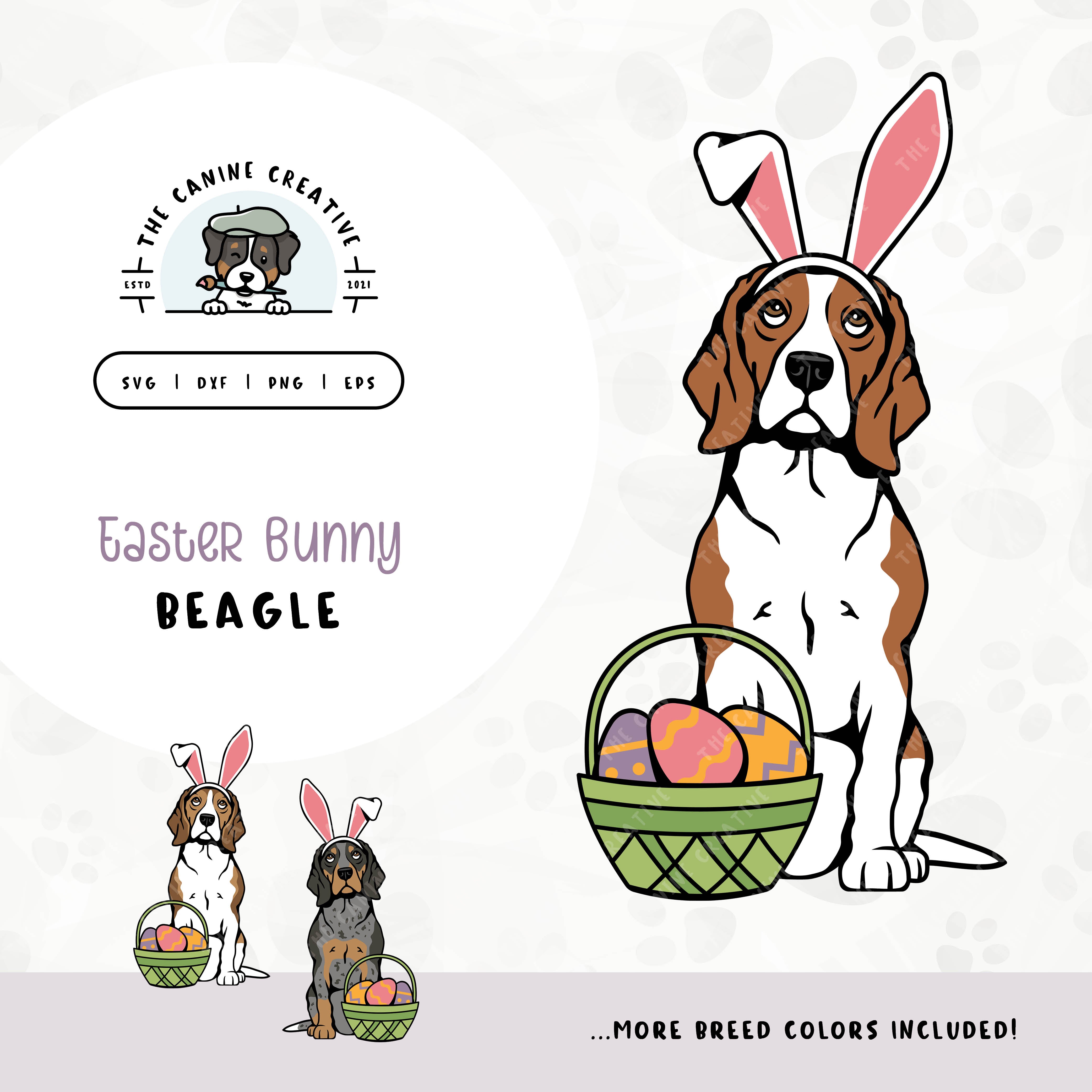 This springtime illustration features a Beagle adorned with festive bunny ears sitting next to a basket of brightly-colored Easter eggs. File formats include: SVG, DXF, PNG, and EPS.