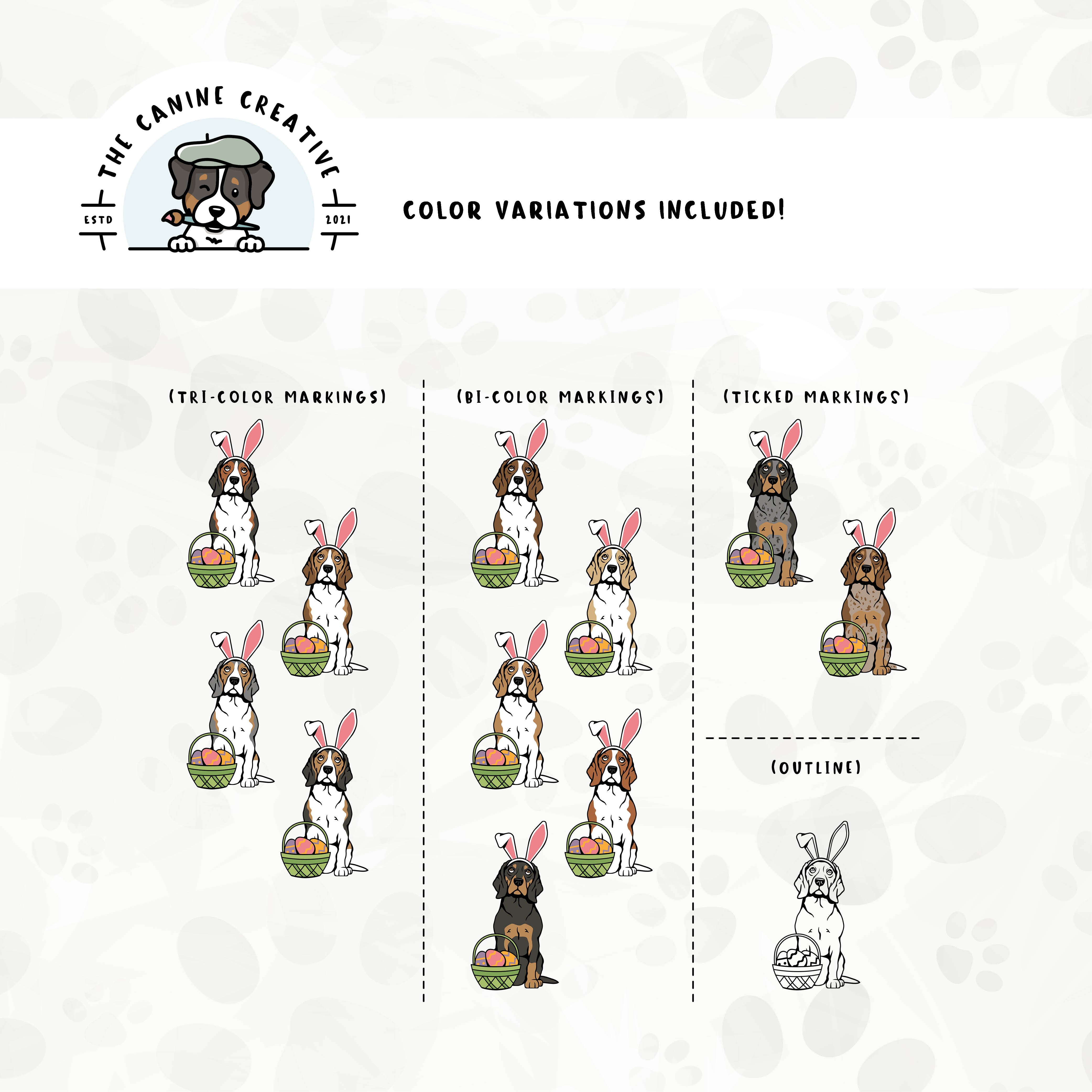 Dog color variations for this design set includes common color and marking variations found in Beagles (bi-color, tri-color, and ticked), as well as an outline option. 