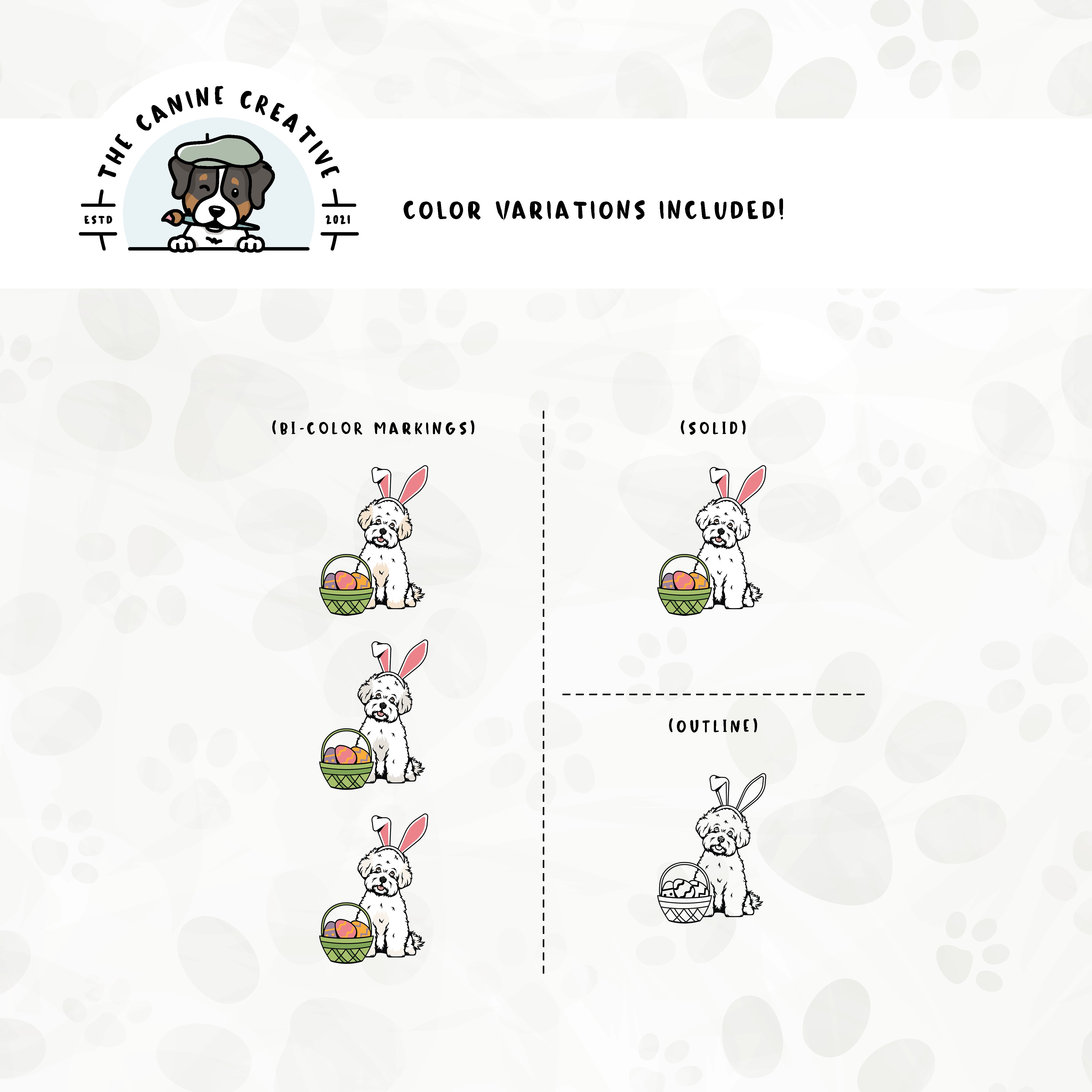 Dog color variations for this design set includes common color and marking variations found in Bichons (white, buff, apricot, and cream), as well as an outline option. 