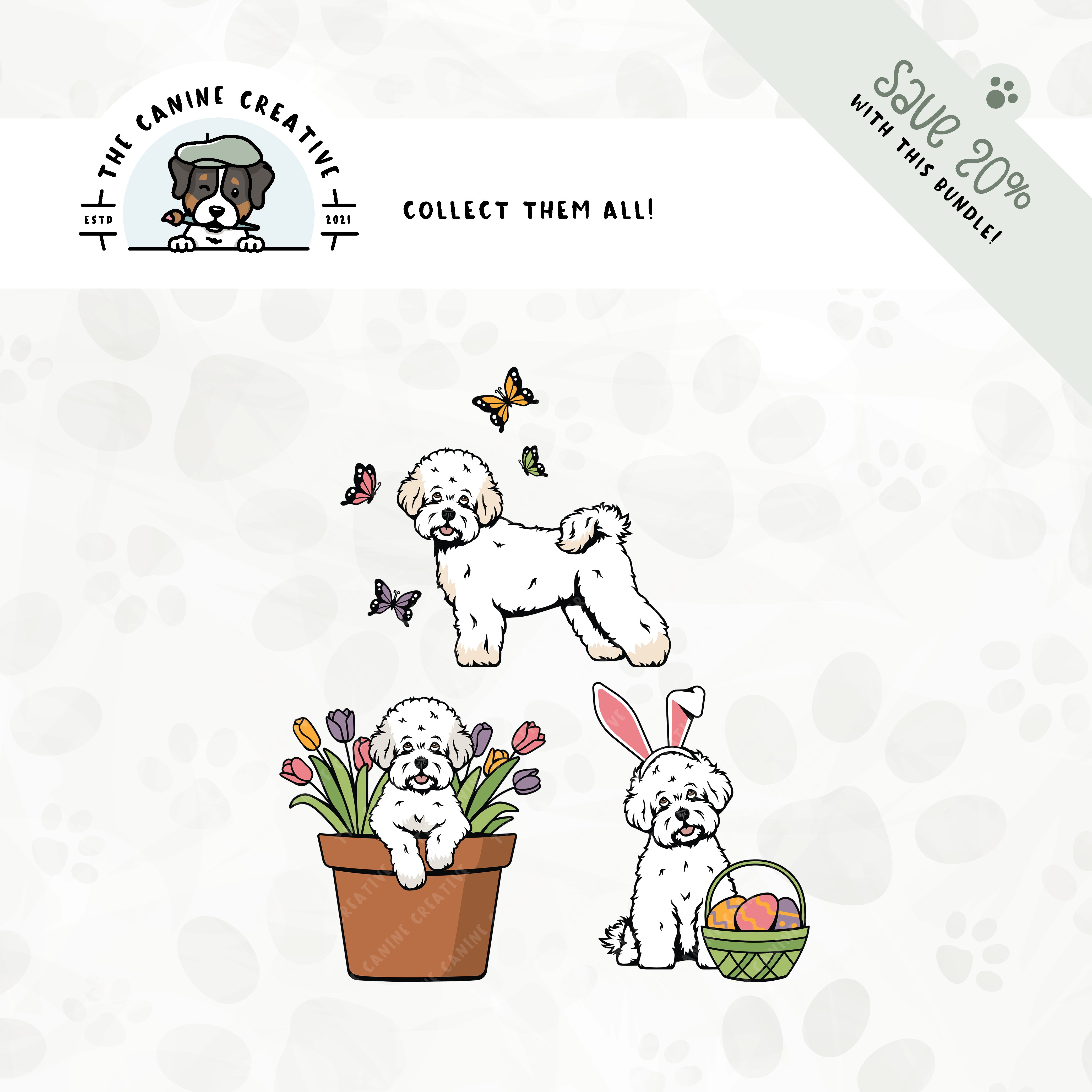 Save 20% with our related 3-pack springtime design bundle featuring Bishons Frises!