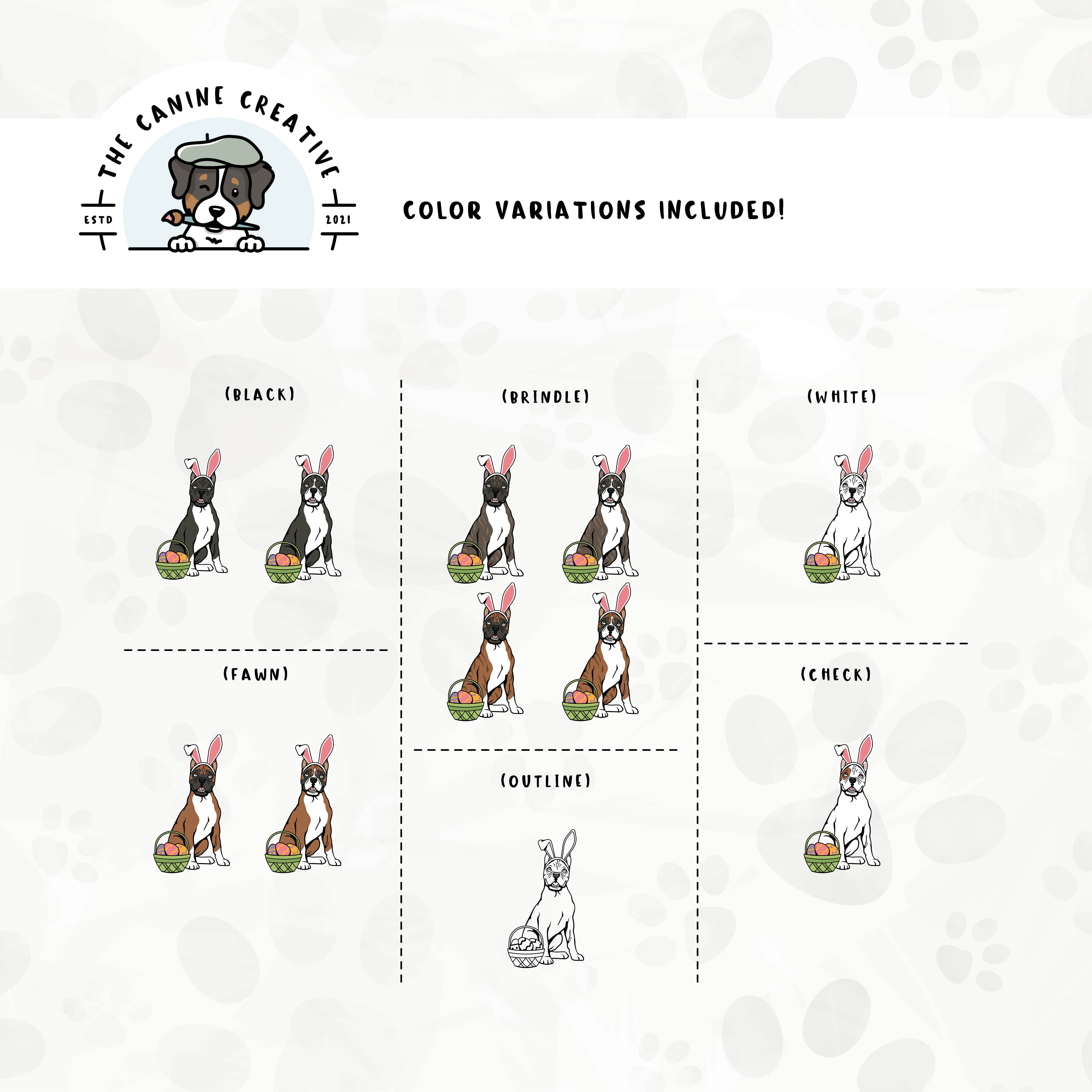 Dog color variations for this Boxer dog design set includes common color and marking variations found in this breed (white, fawn, black, brindle, flashy, classic, and check), as well as an outline option.