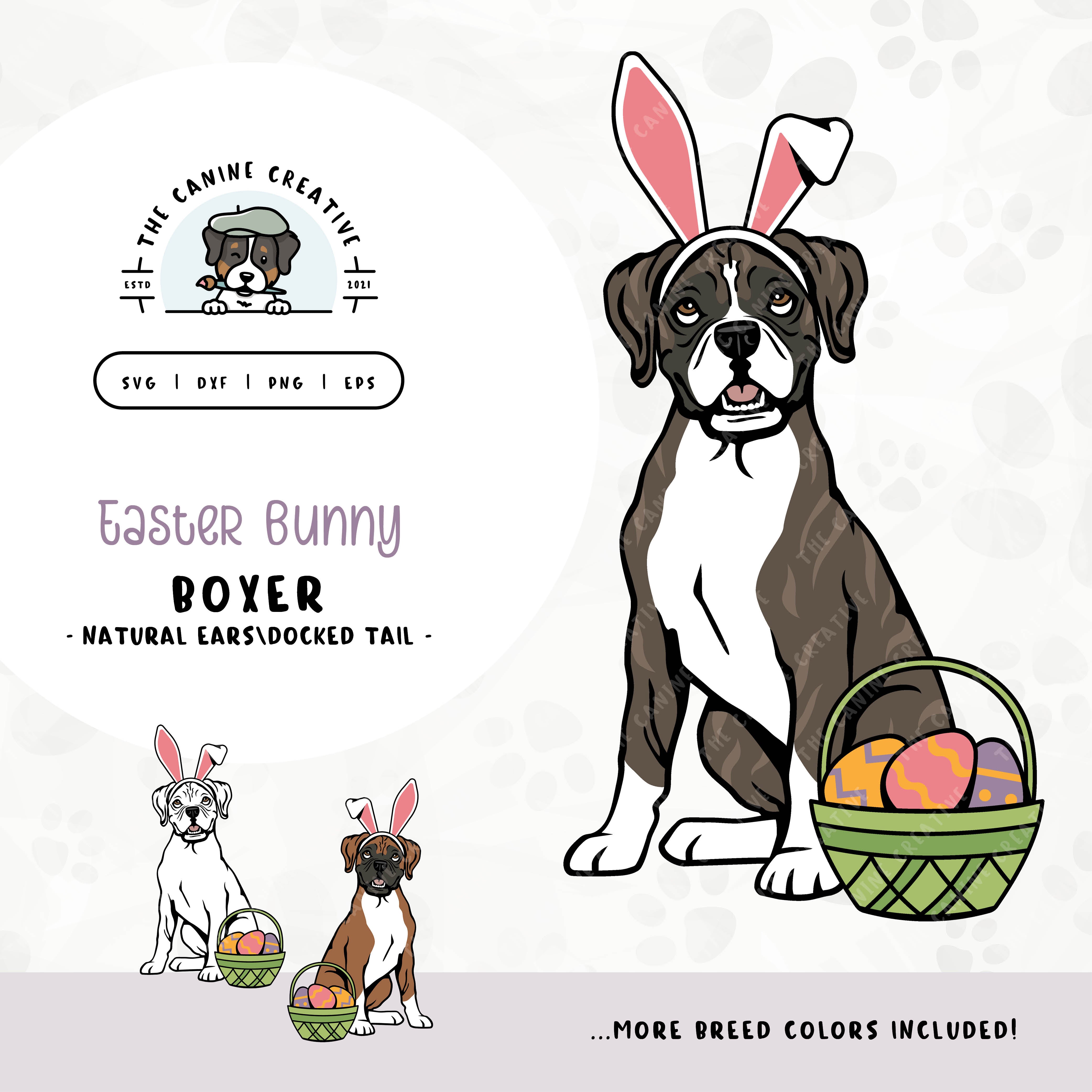 This springtime illustration features a Boxer dog with floppy ears and docked tail adorned with festive bunny ears sitting next to a basket of brightly-colored Easter eggs. File formats include: SVG, DXF, PNG, and EPS.