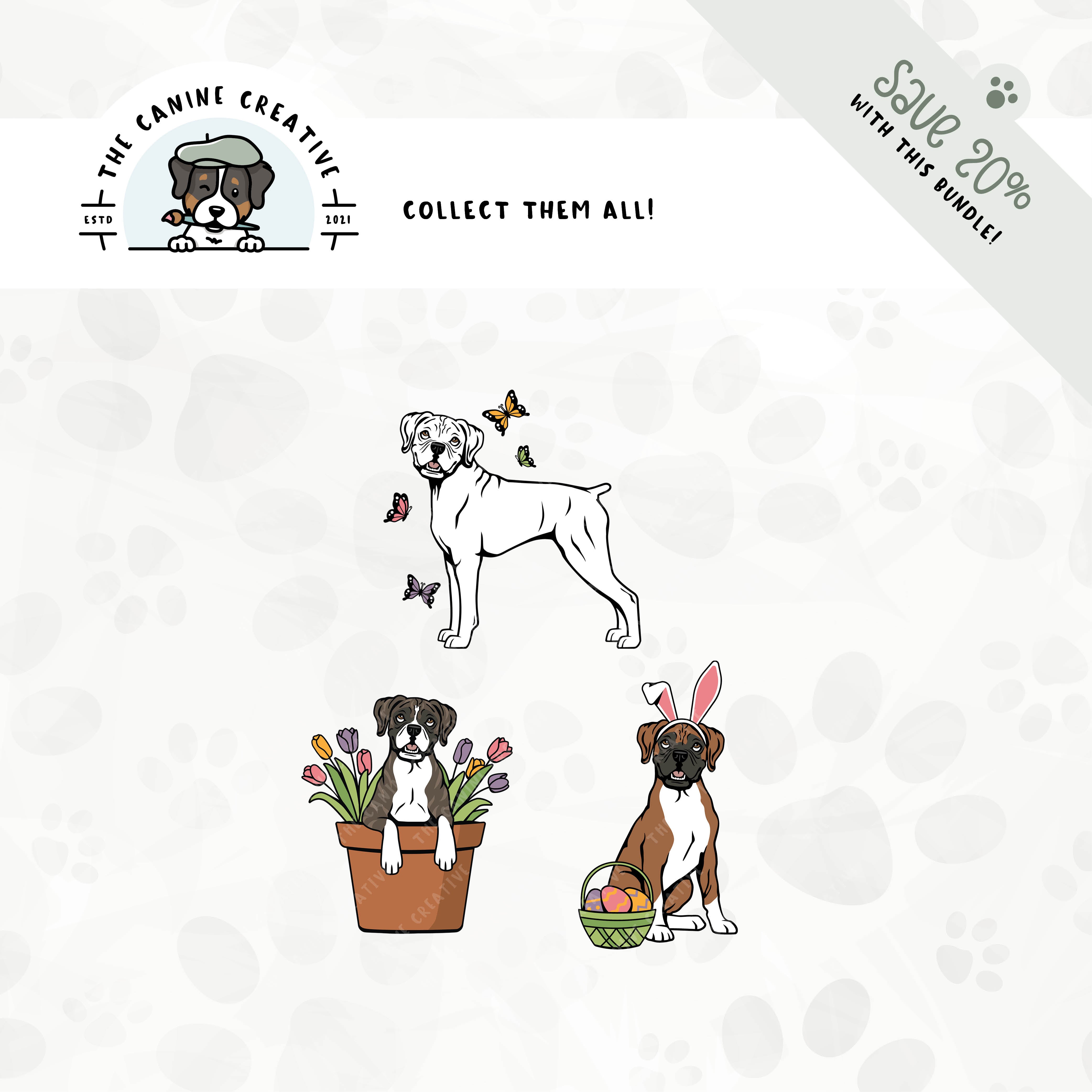 Save 20% with our related 3-pack springtime design bundle featuring Boxer dogs with floppy ears and docked tails!