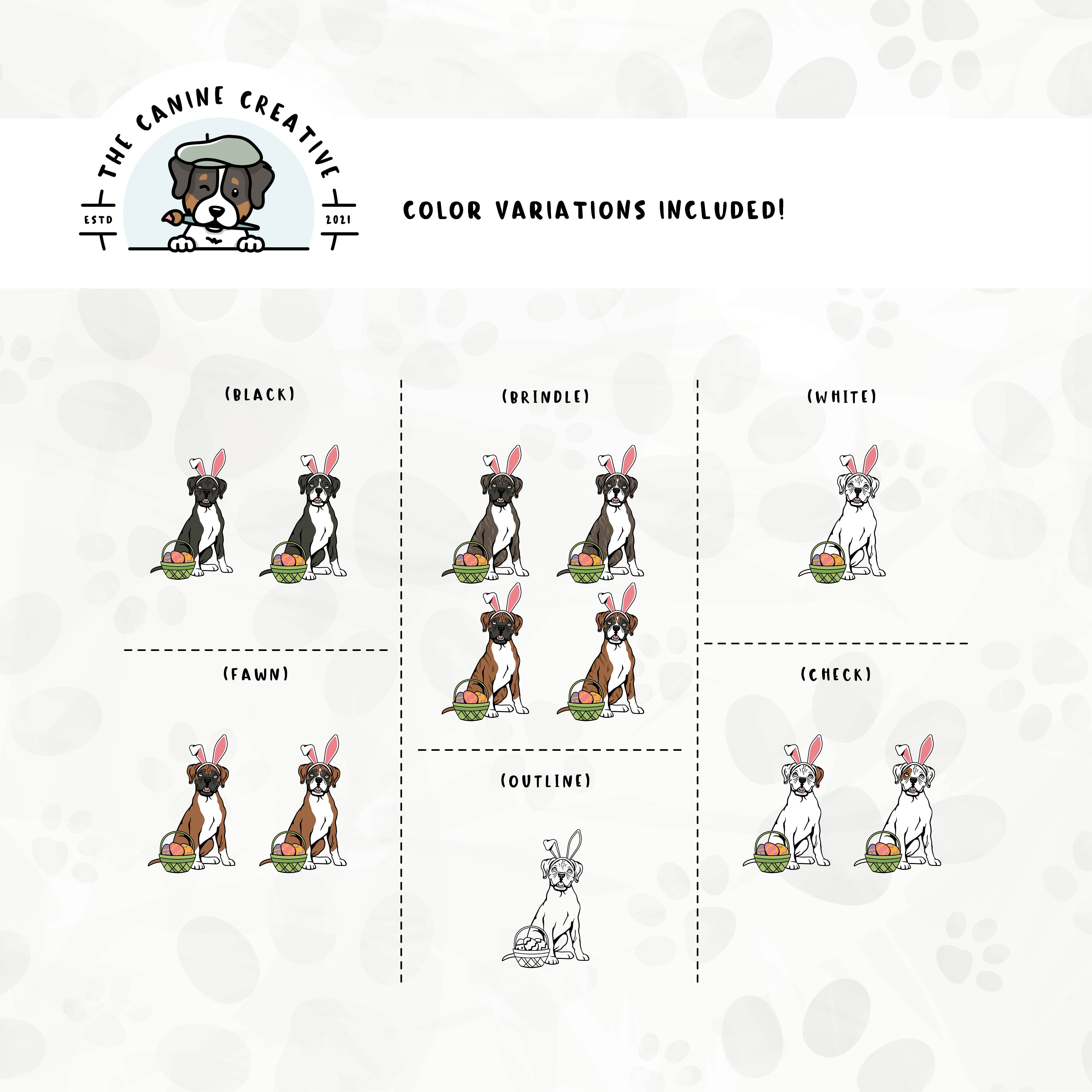 Dog color variations for this Boxer dog design set includes common color and marking variations found in this breed (white, fawn, black, brindle, flashy, classic, and check), as well as an outline option.