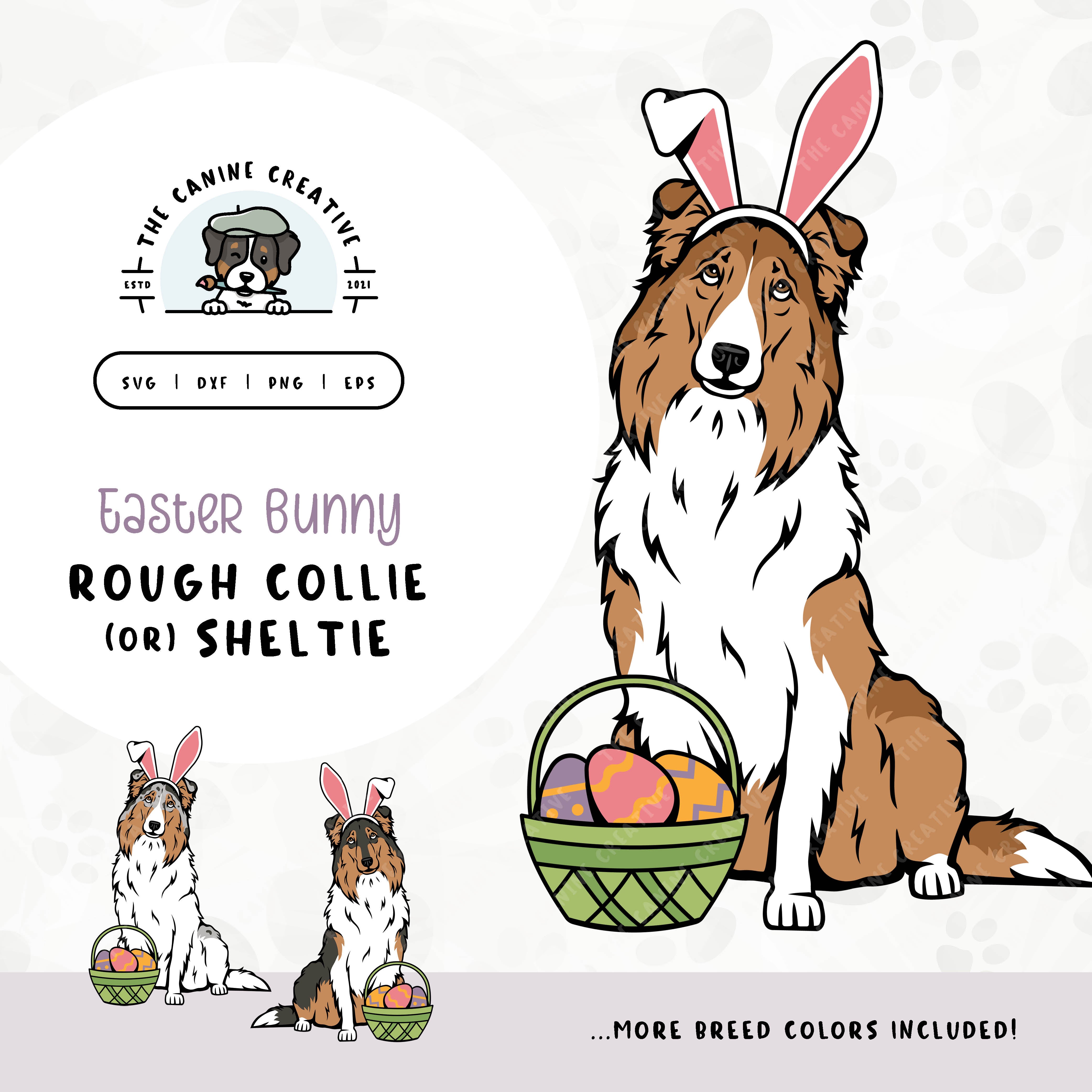 This springtime design features a Rough Collie/Shetland Sheepdog adorned with festive bunny ears sitting next to a basket of colorful Easter eggs. File formats include: SVG, DXF, PNG, and EPS.