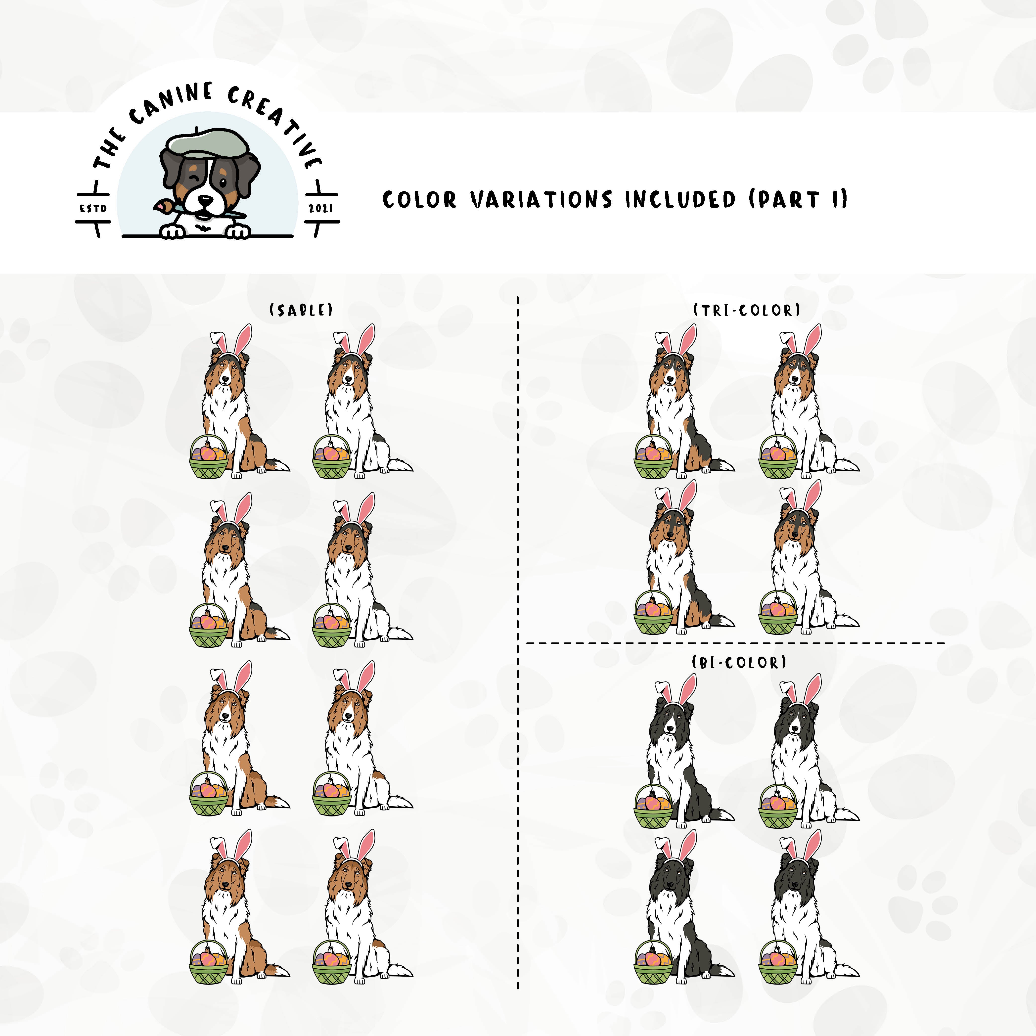 Part 1 of dog color variations for each design in this bundle includes bi-black, sable, and tri-color in standard and white-factored markings.
