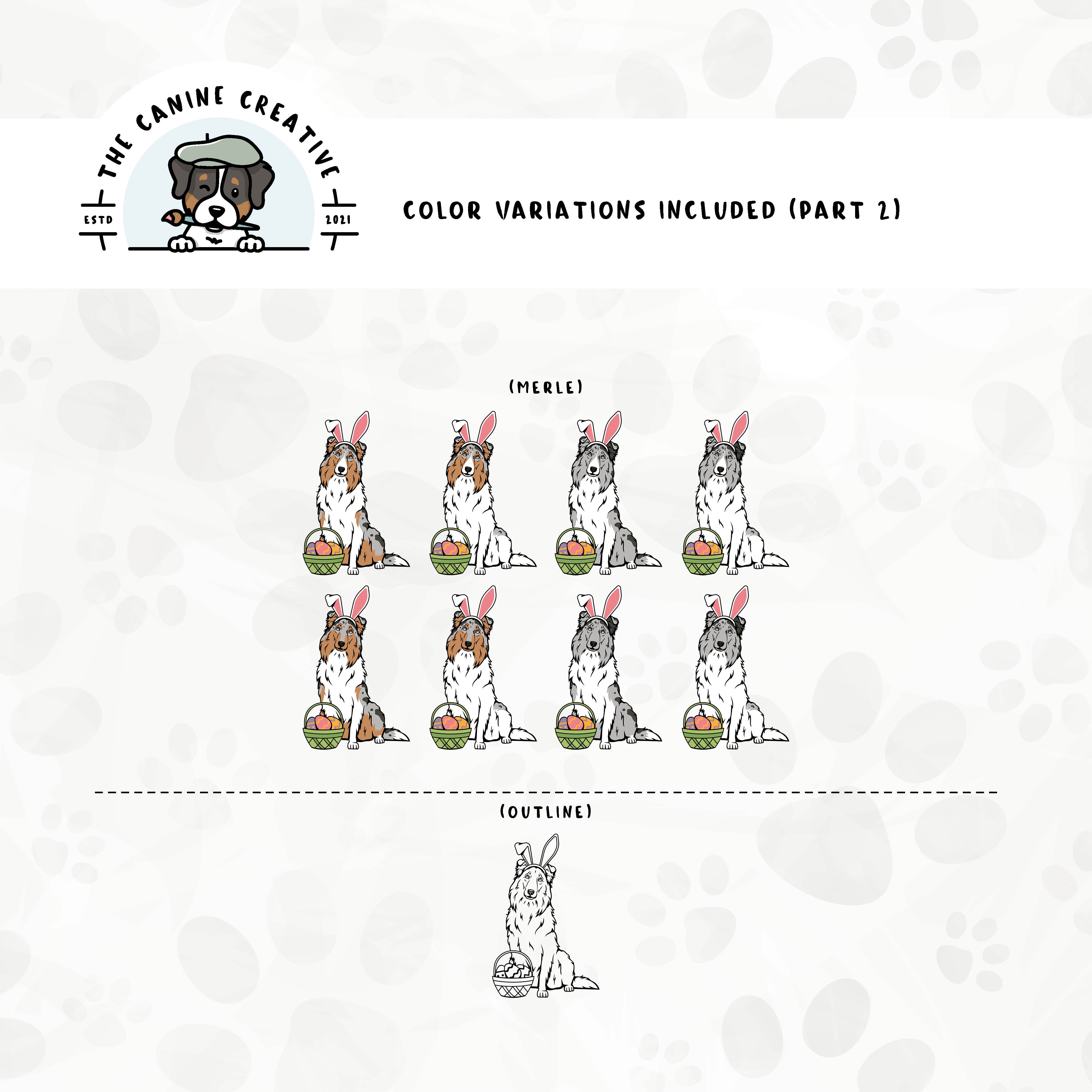Part 2 of dog color variations for each design in this bundle includes bi-blue and merle in standard and white-factored markings as well as an outline version.