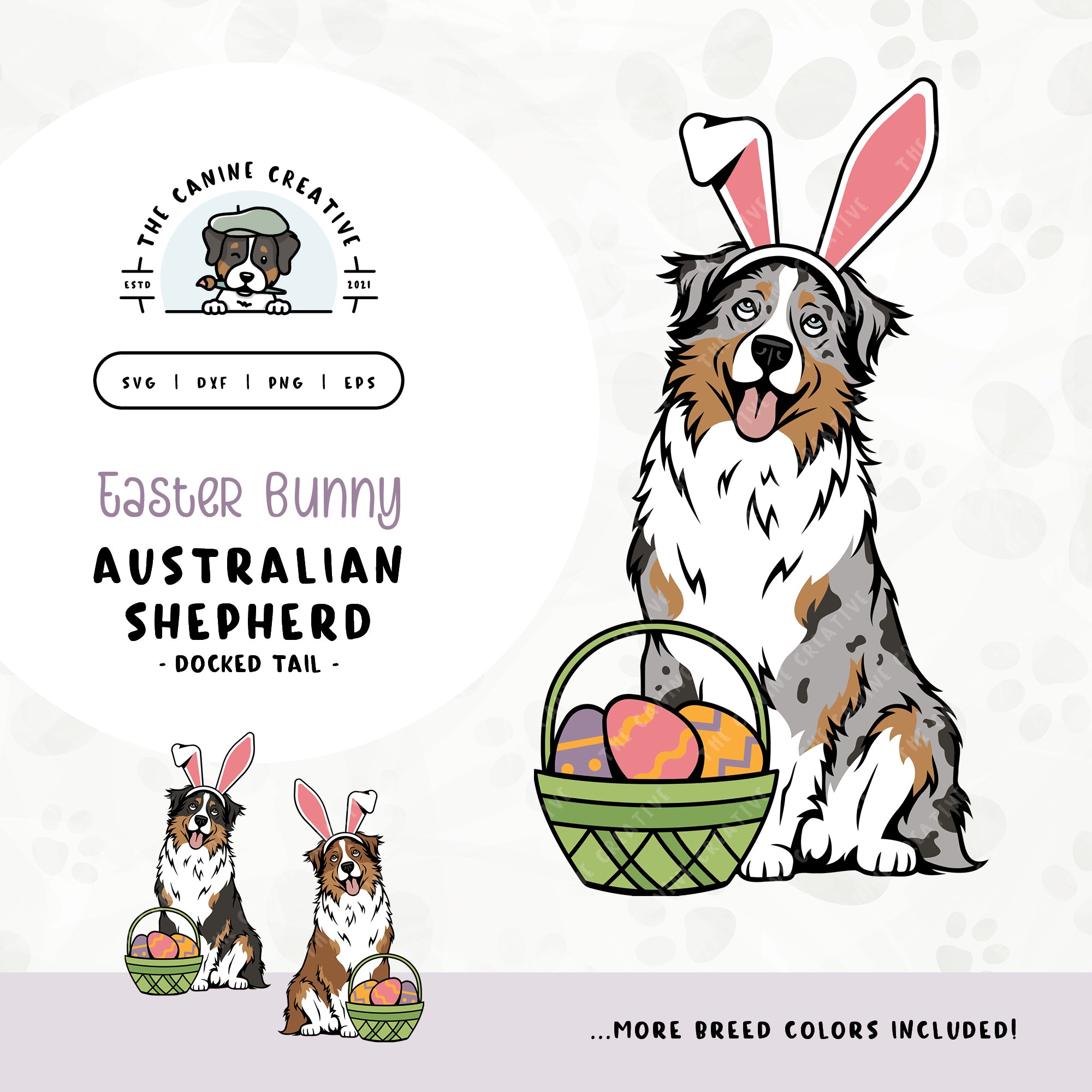 This springtime illustration features a docked tail Australian Shepherd adorned with festive bunny ears sitting next to a basket of brightly-colored Easter eggs. File formats include: SVG, DXF, PNG, and EPS.