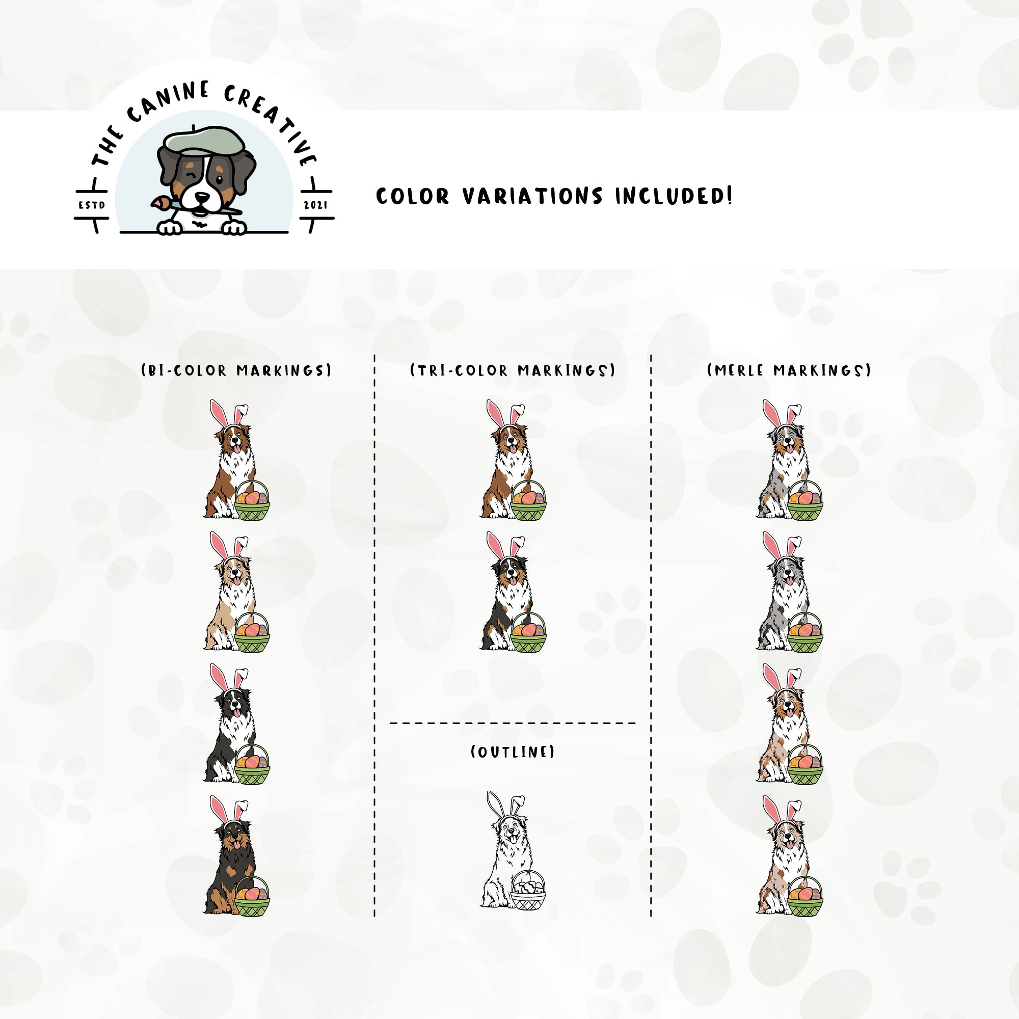 Dog color variations for this design set includes common color and marking variations found in Aussies (bi, tri, and Merle), as well as an outline option. 