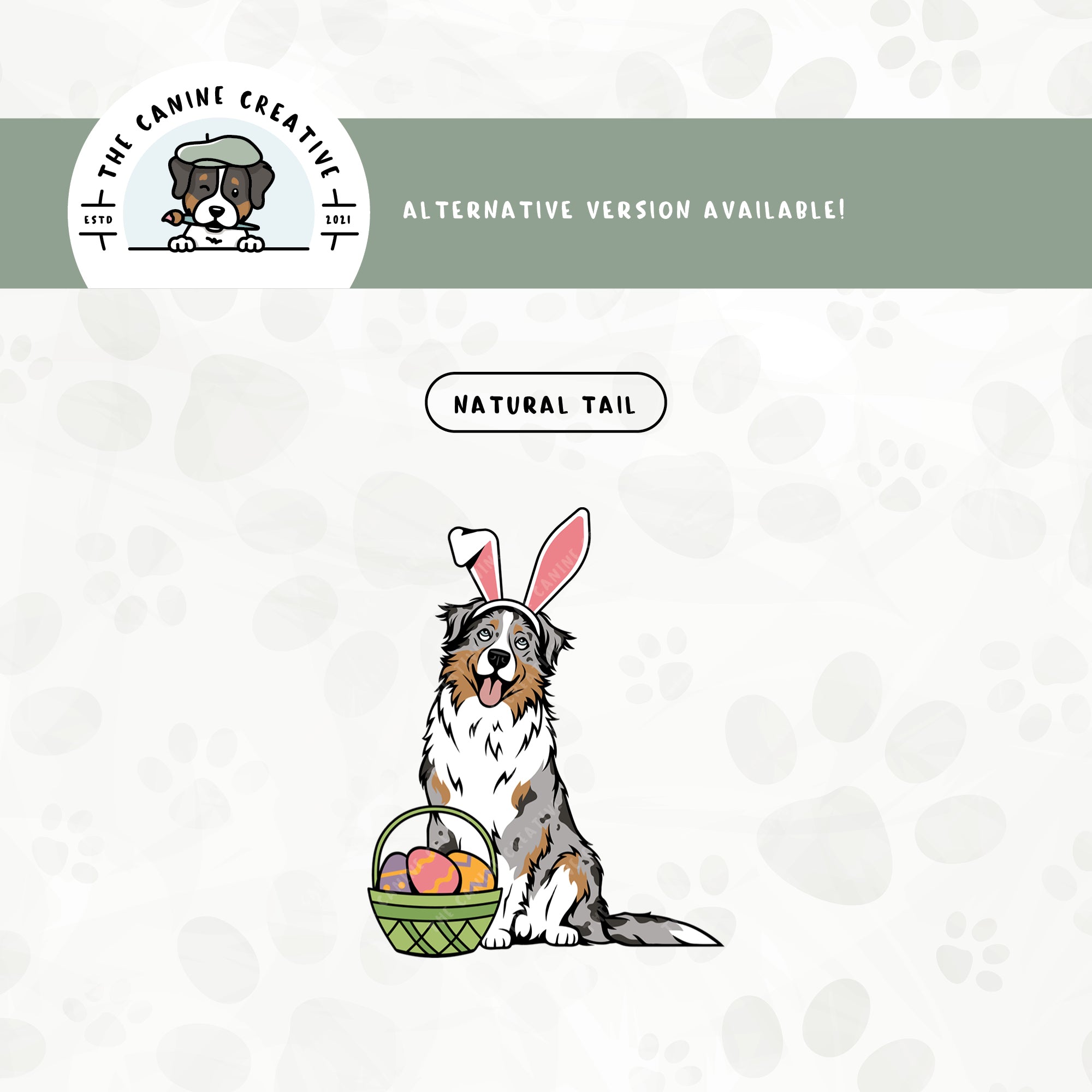 A long tail version is also available for this Australian Shepherd Easter bunny design.