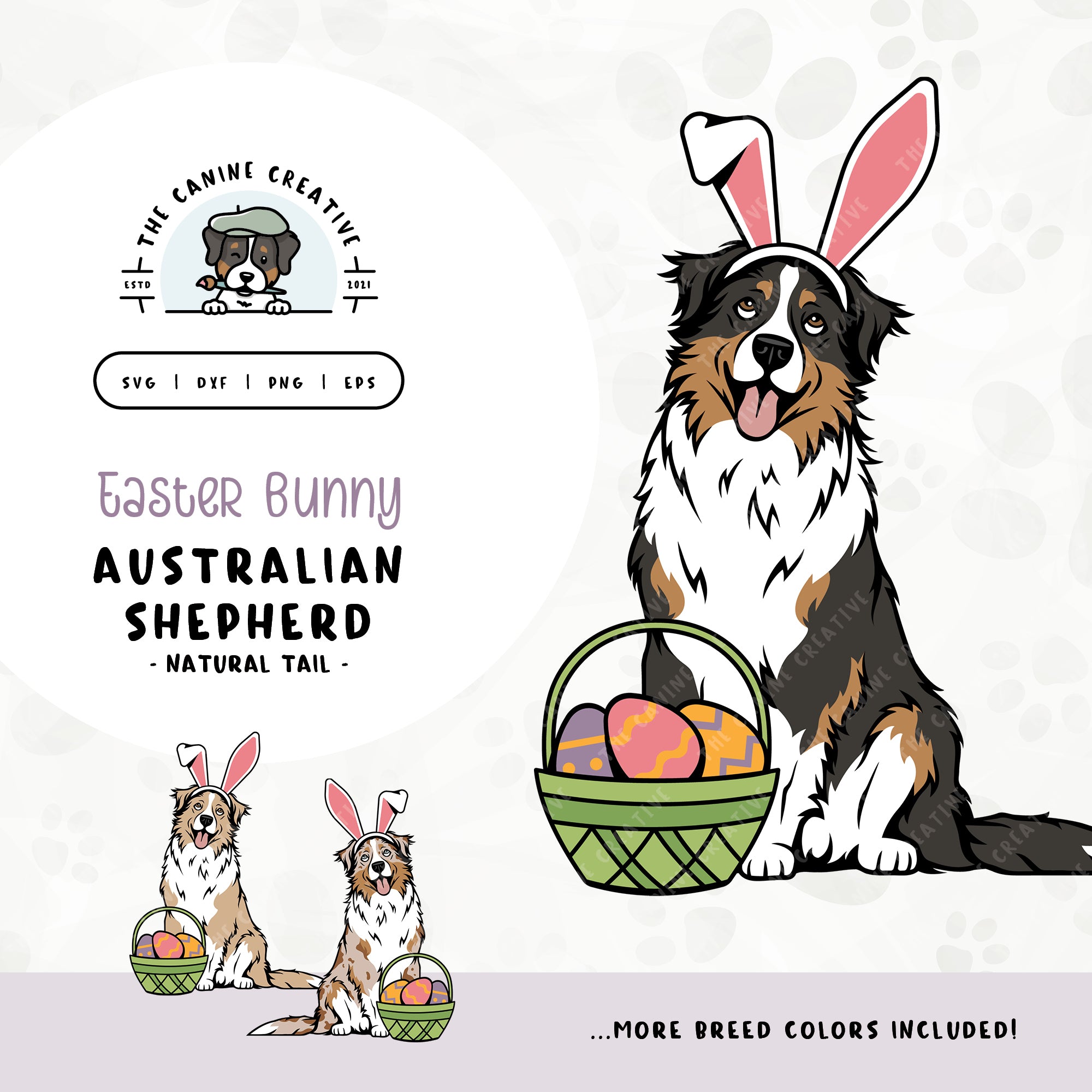 This springtime illustration features a long tail Australian Shepherd adorned with festive bunny ears sitting next to a basket of brightly-colored Easter eggs. File formats include: SVG, DXF, PNG, and EPS.