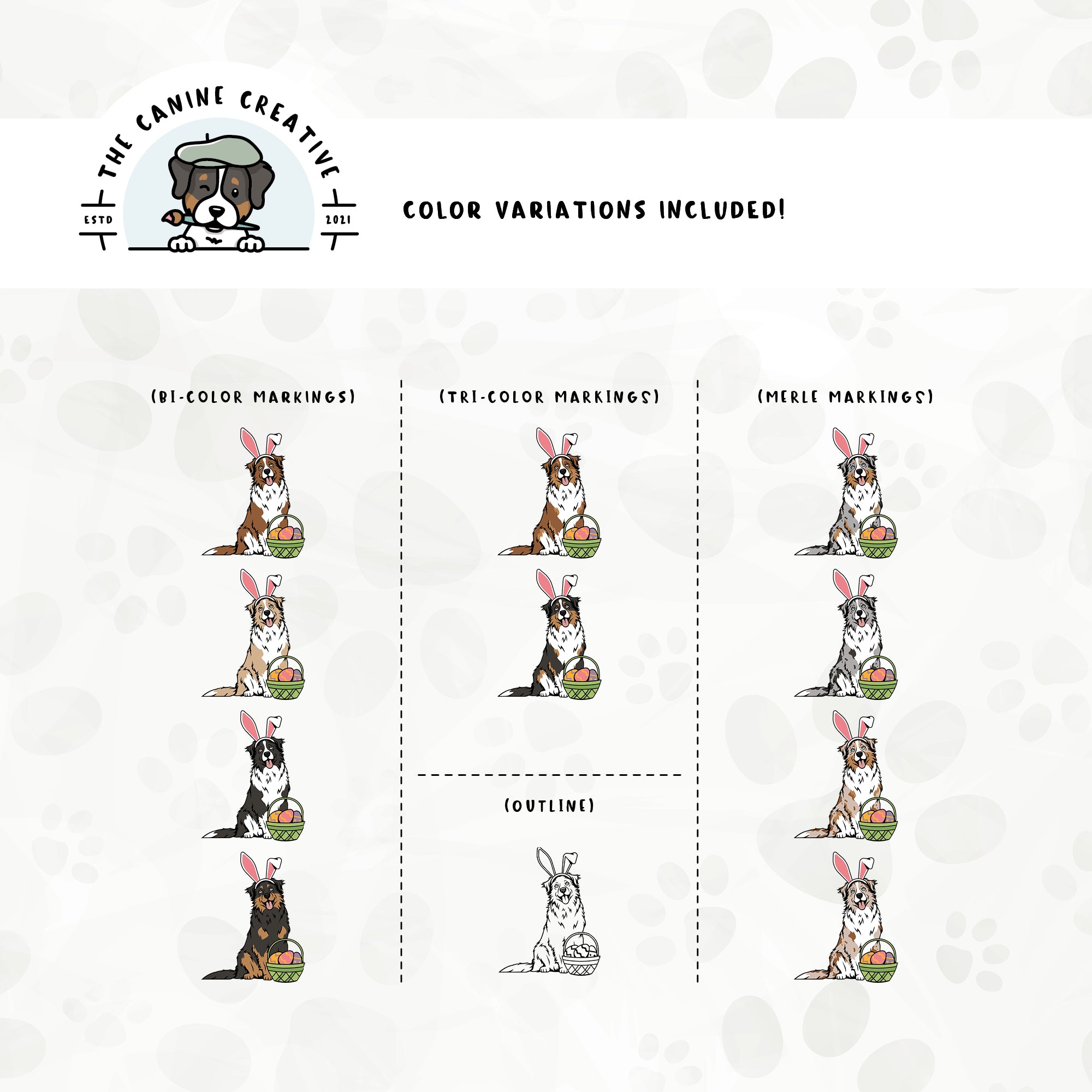 Dog color variations for this design set includes common color and marking variations found in Aussies (bi, tri, and Merle), as well as an outline option. 