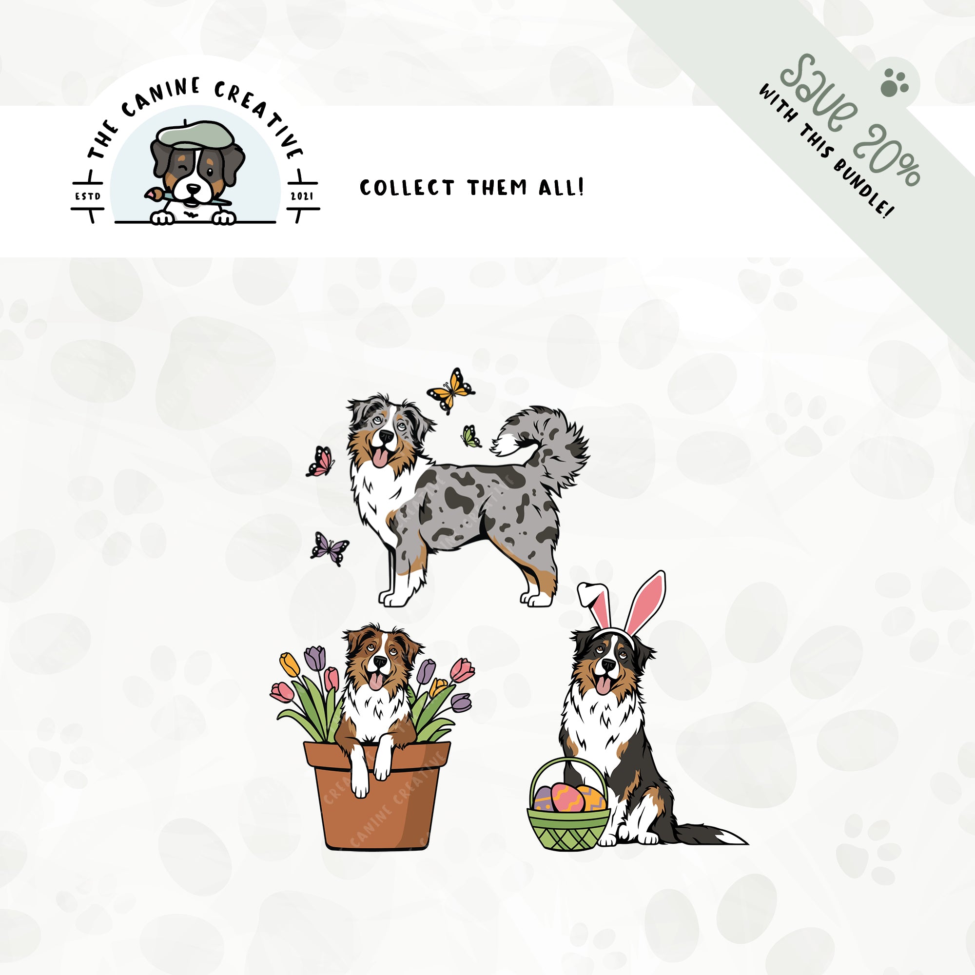 Save 20% with our related 3-pack springtime design bundle featuring Australian Shepherds with long tails!