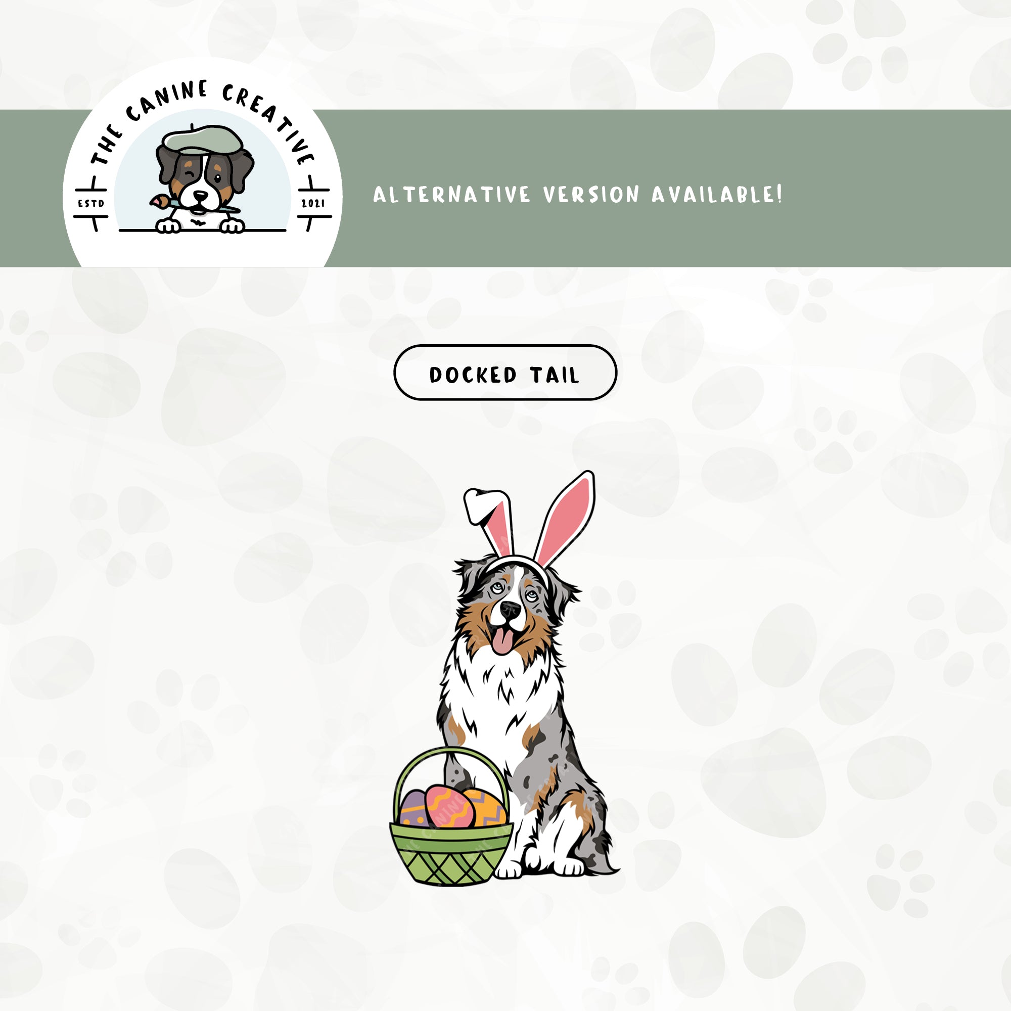 A docked tail version is also available for this Australian Shepherd Easter bunny design.