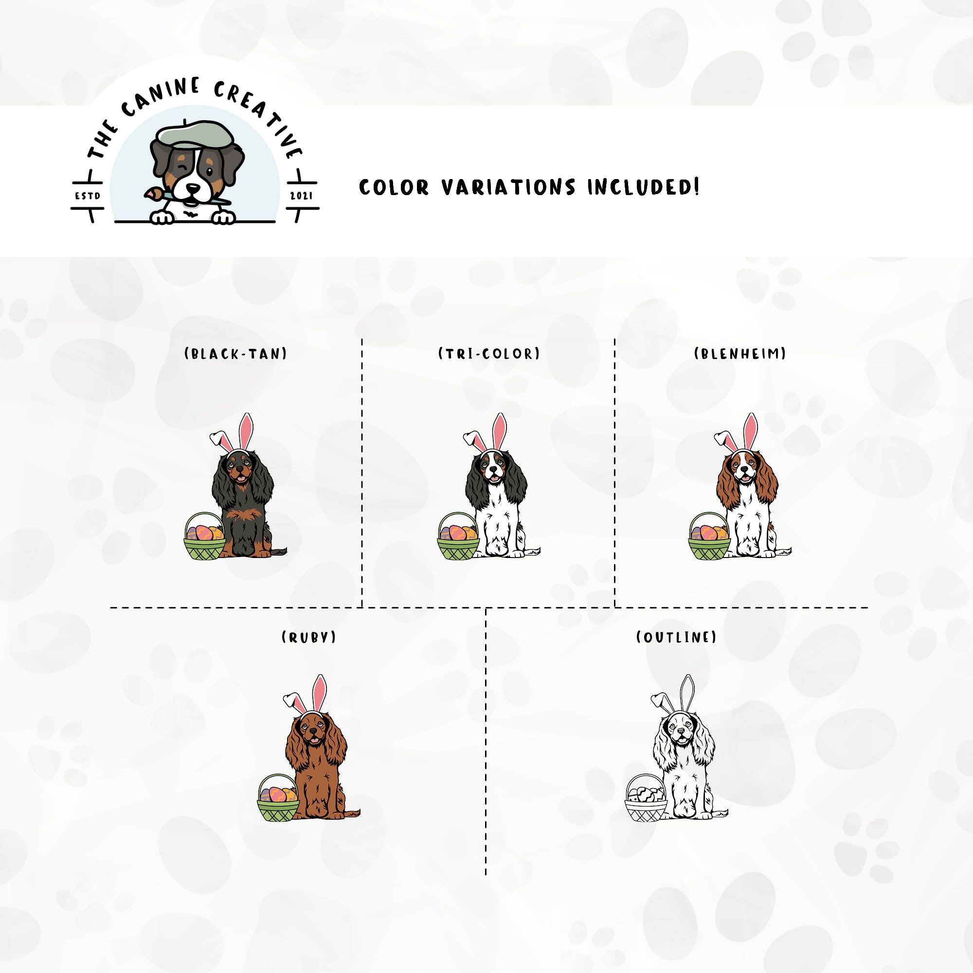 Dog color variations for this Cavalier King Charles Spaniel design set includes common color and marking variations found in this breed (blenheim, tri-color, black-tan, and ruby), as well as an outline option.