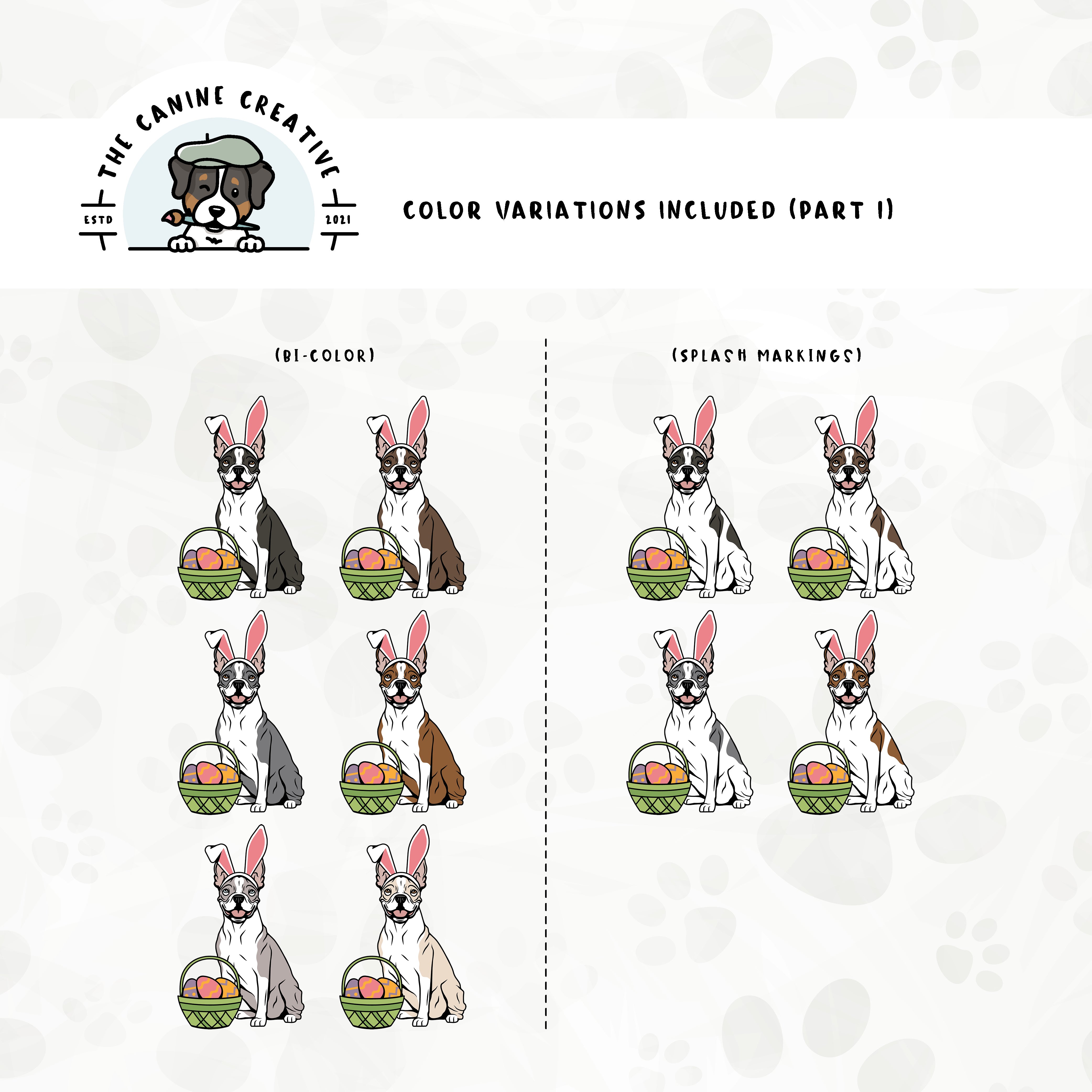 Part 1 of dog color variations for this Boston design set includes multiple bi-color options in standard and splash markings.