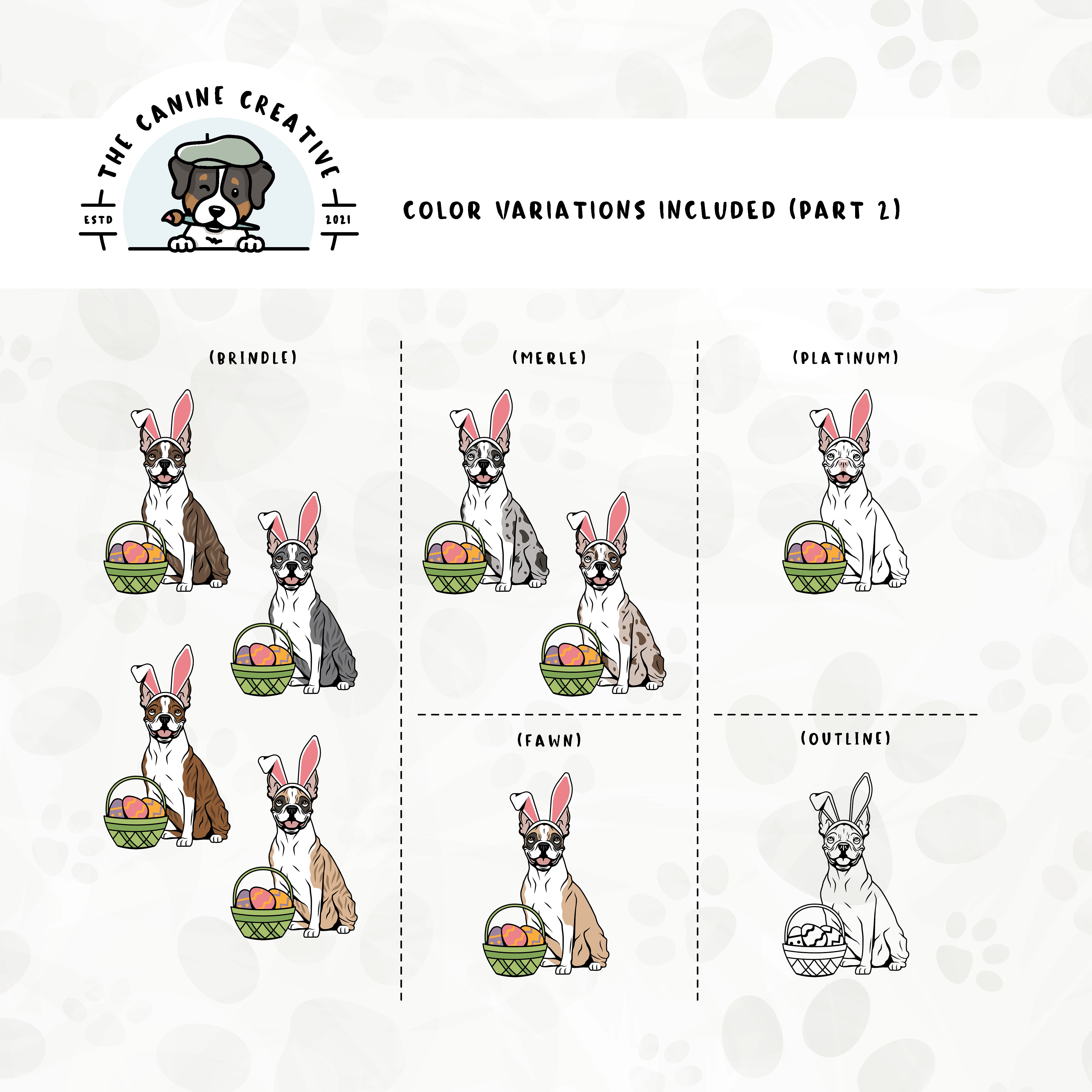 Part 2 of dog color variations for this Boston design set includes brindle, merle, fawn, and platinum colors, as well as an outline version.