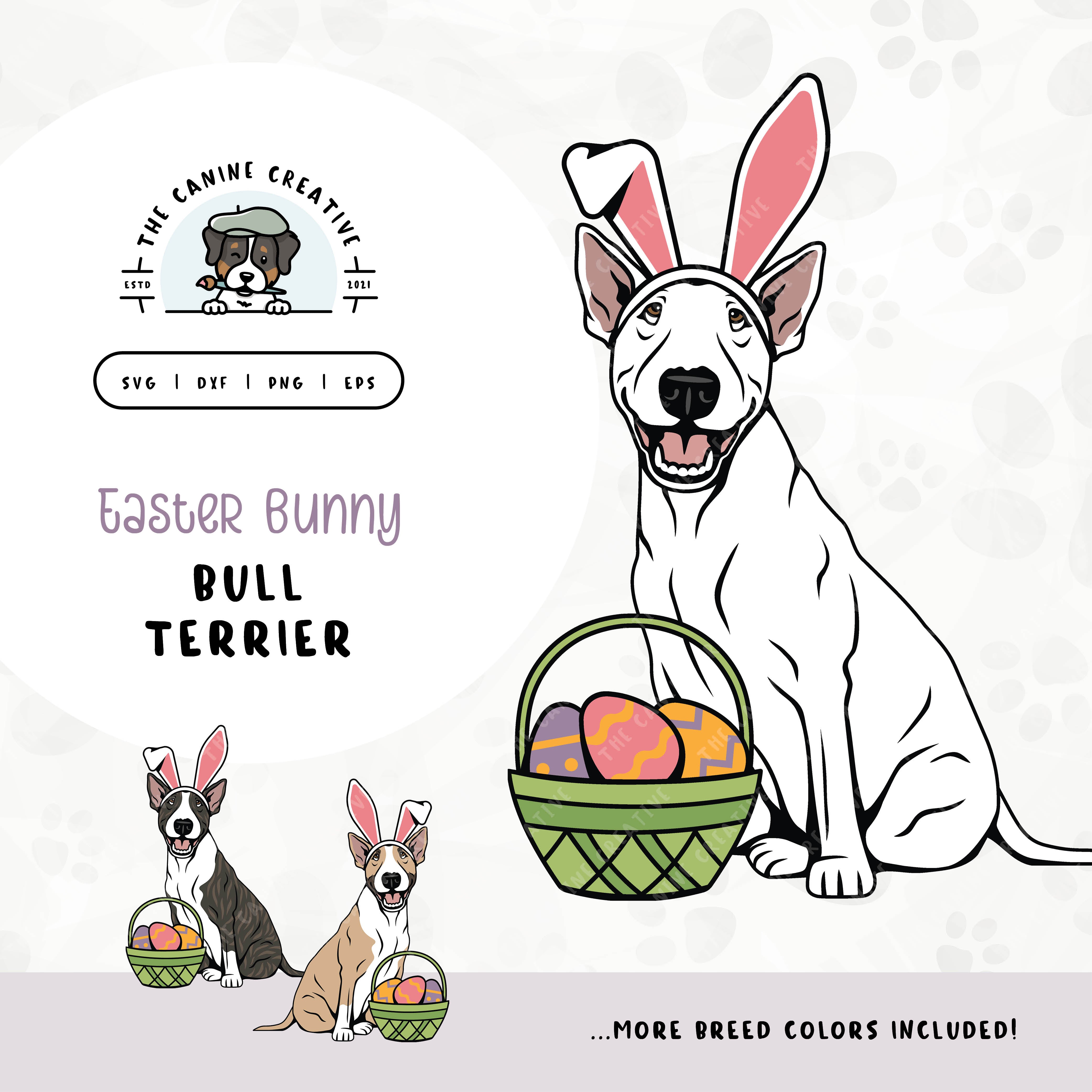 This springtime illustration features a Bull Terrier adorned with festive bunny ears sitting next to a basket of brightly-colored Easter eggs. File formats include: SVG, DXF, PNG, and EPS.
