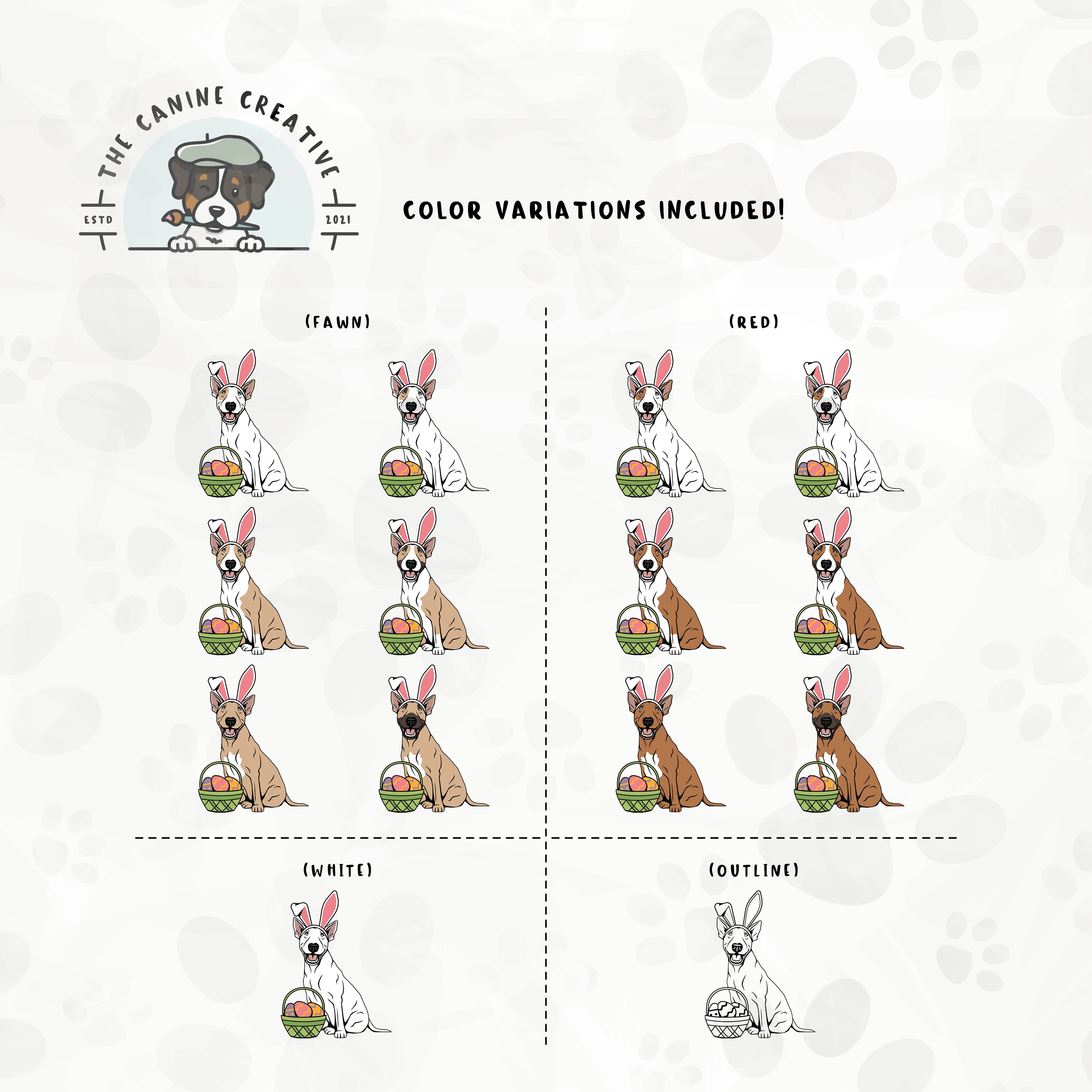 Part 1 of dog color variations for this design set includes common color and marking variations found in this Bully breed (white, bi-color, and smut), as well as an outline option.an outline option. 