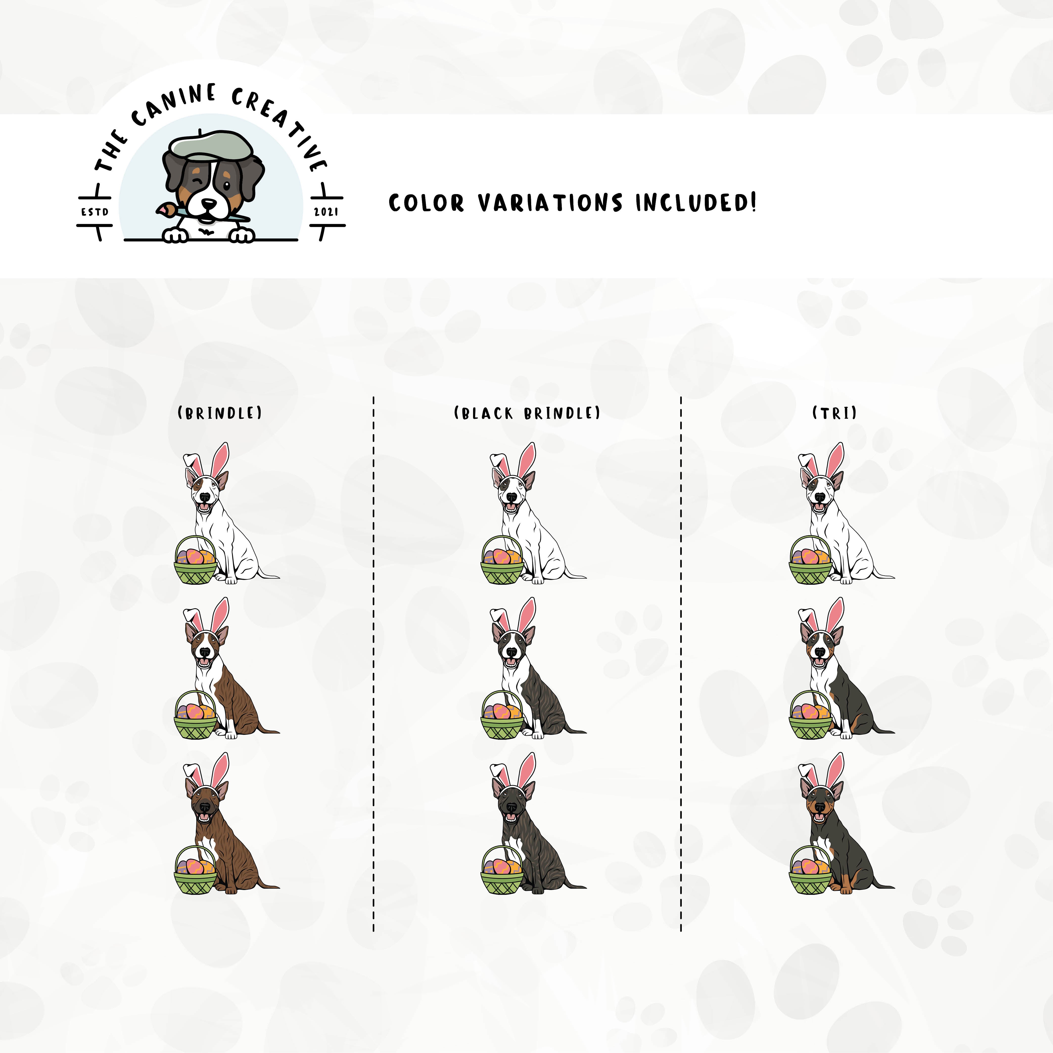 Part 2 of dog color variations for this design set includes common color and marking variations found in this Bully breed (brindle and tri-color).