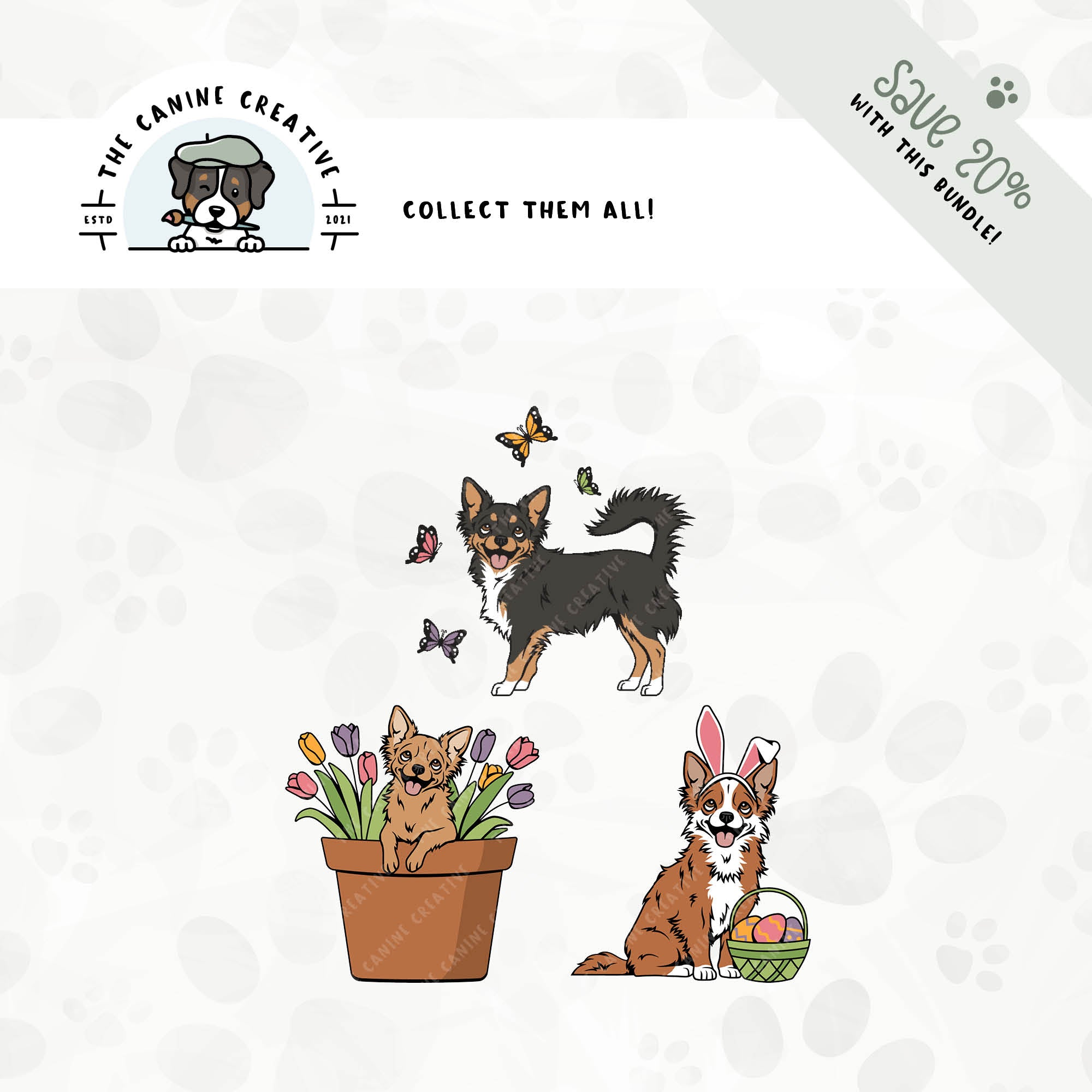 Save 20% with our related 3-pack springtime design bundles featuring Long Haired Chihuahuas!