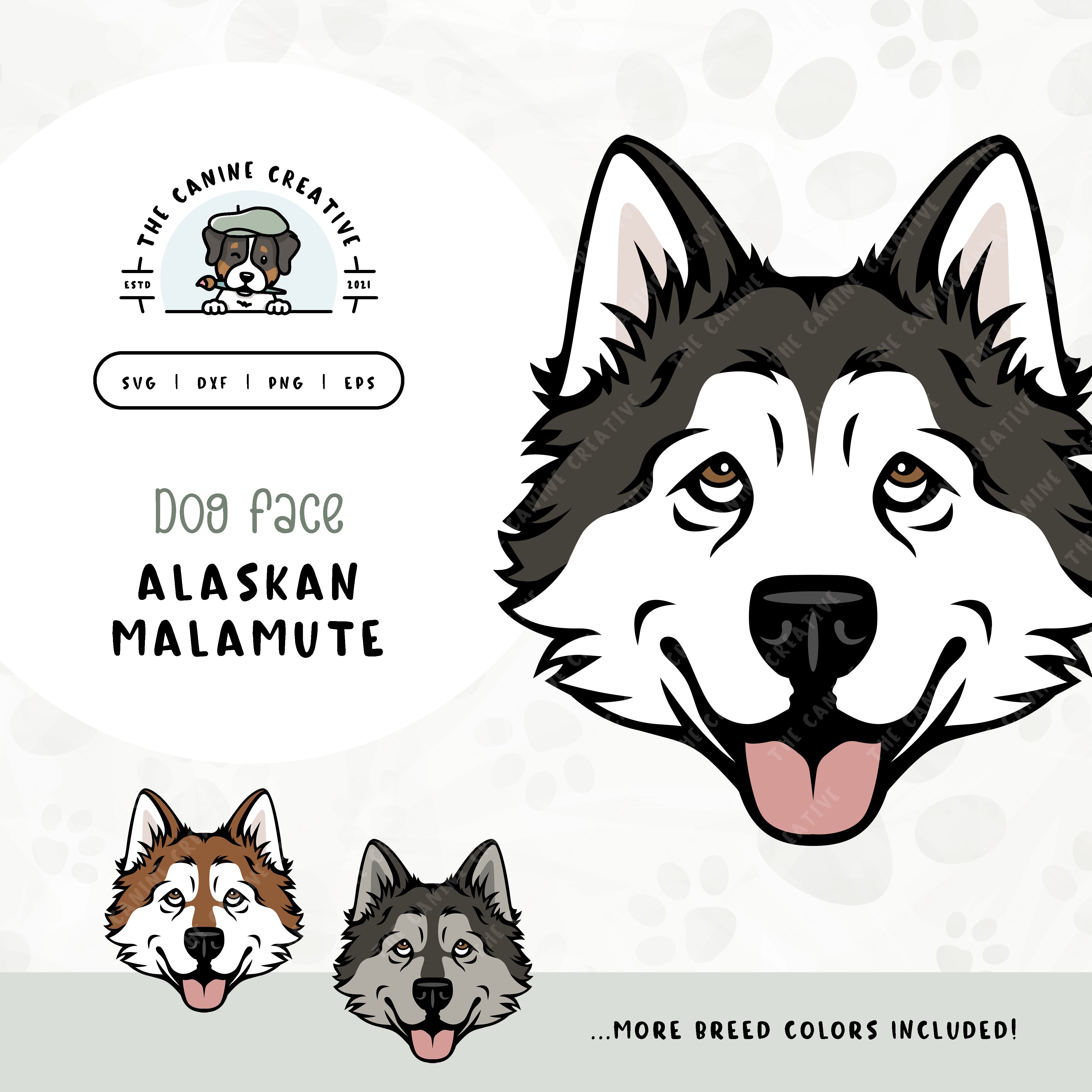 This illustrated design features an Alaskan Malamute face. File formats include: SVG, DXF, PNG, and EPS.