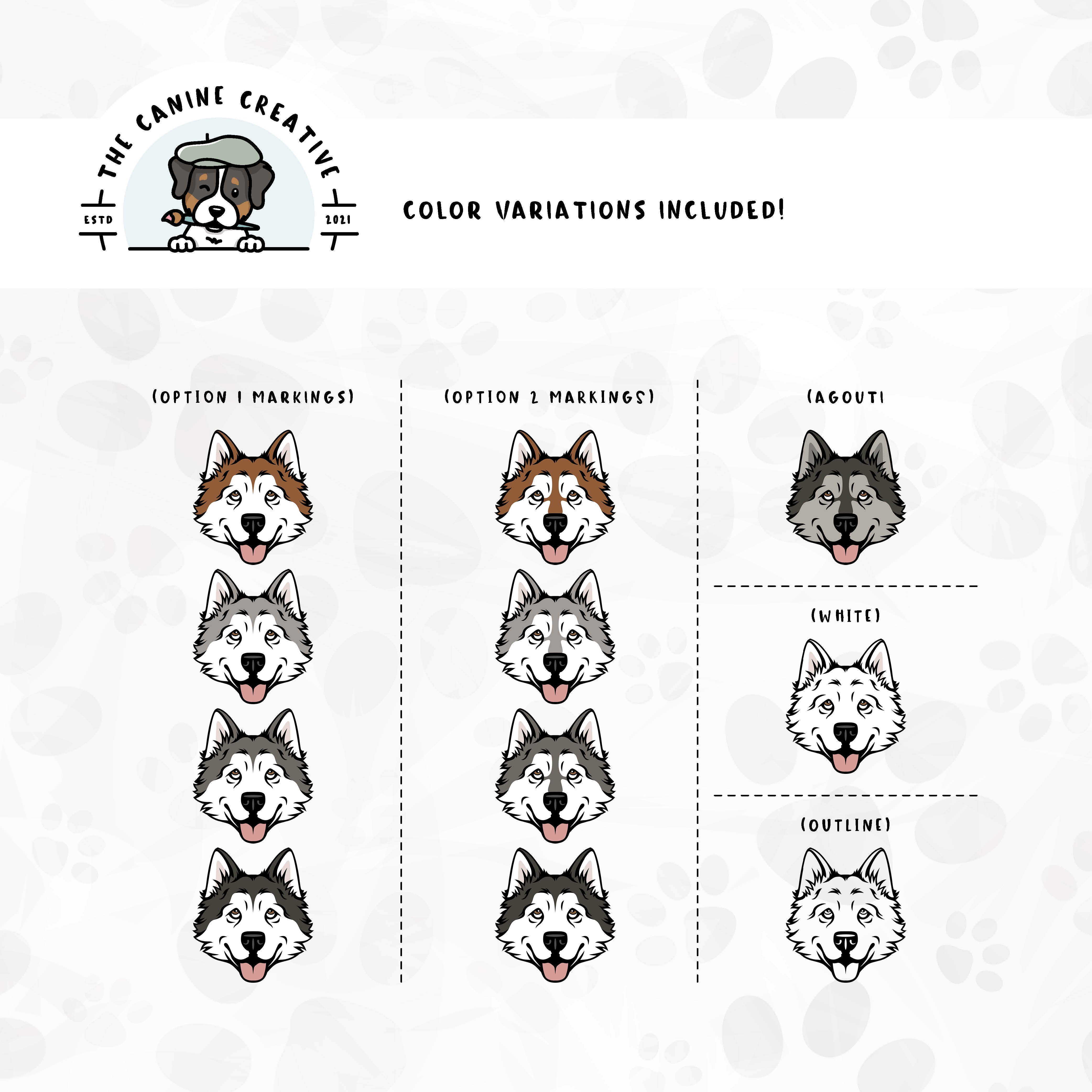 Dog color variations for this design set includes common color and marking variations found in Alaskan Malamutes (bi-color, Agouti, and white), as well as an outline option. 