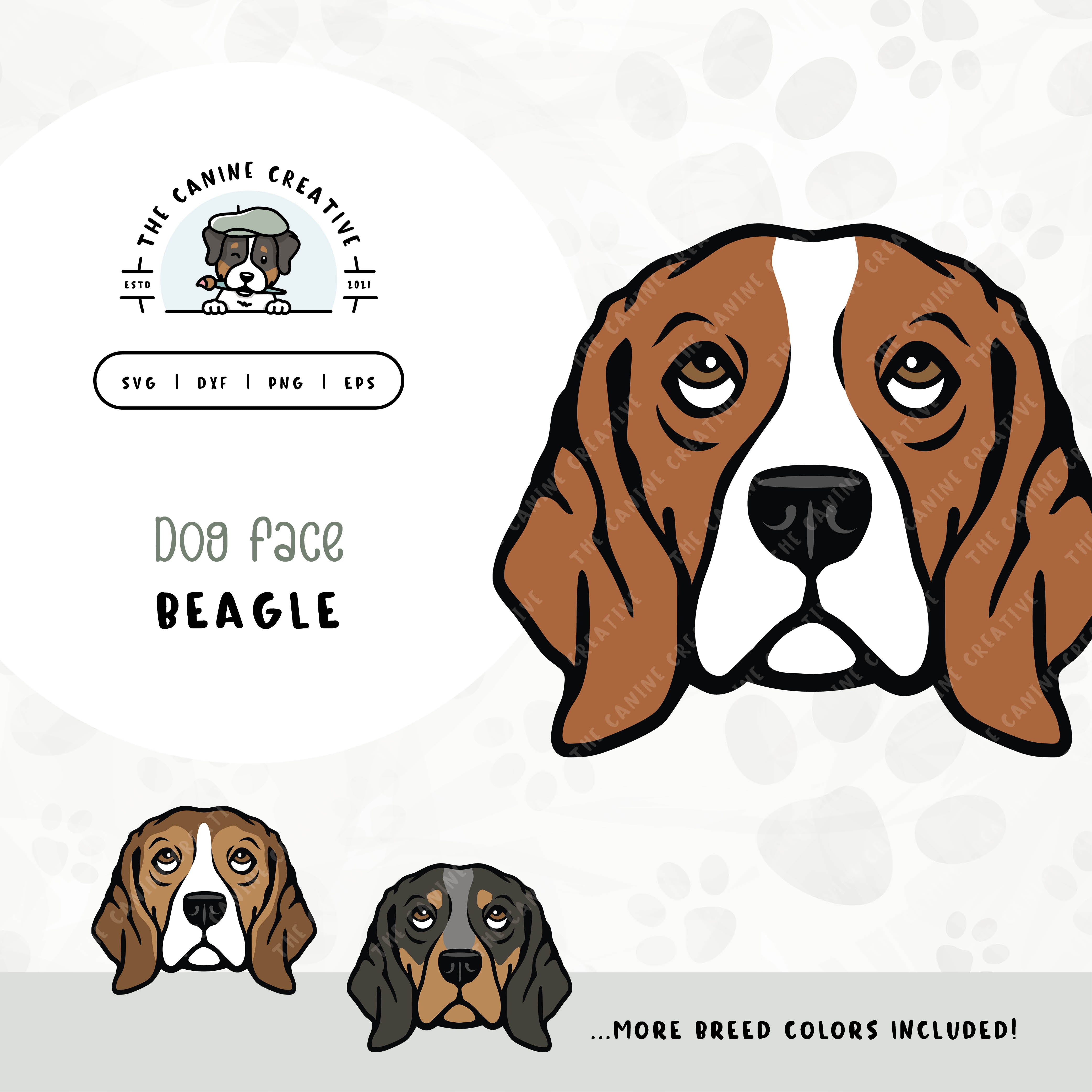 This illustrated design features a Beagle dog face. File formats include: SVG, DXF, PNG, and EPS.