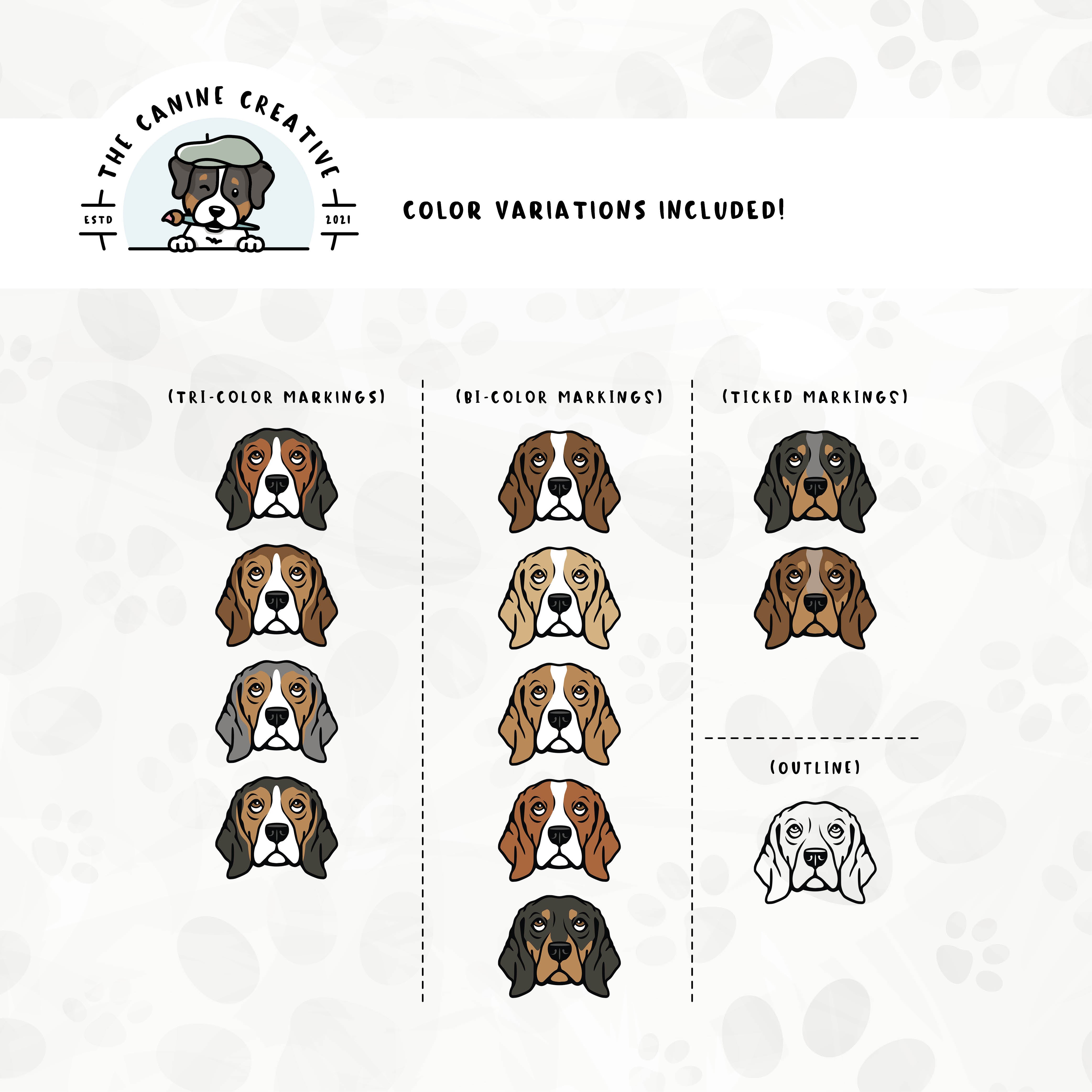 Dog color variations for this design set includes common color and marking variations found in Beagles (bi-color, tri-color, and ticked), as well as an outline option. 