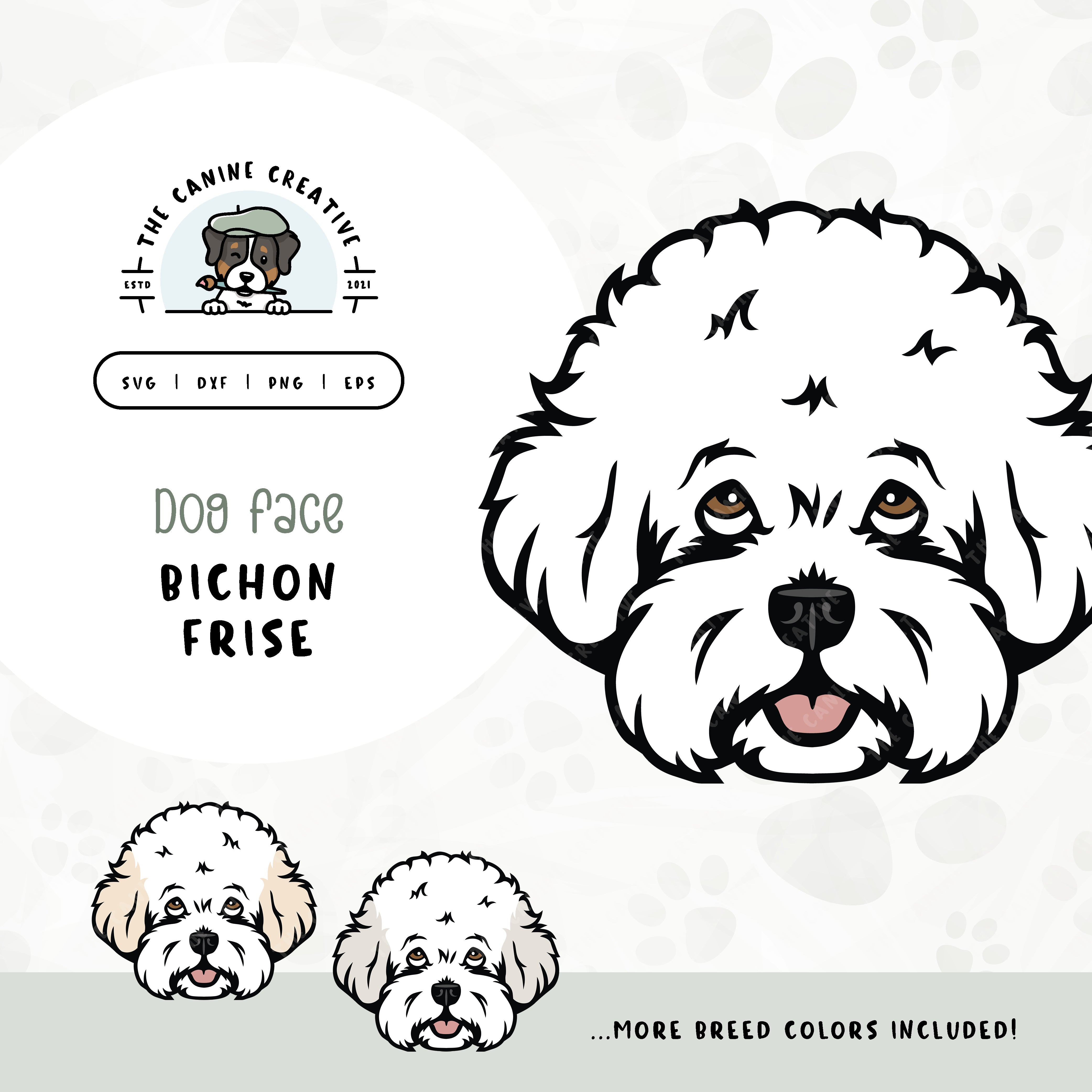 This illustrated design features a Bichon Frise face. File formats include: SVG, DXF, PNG, and EPS.