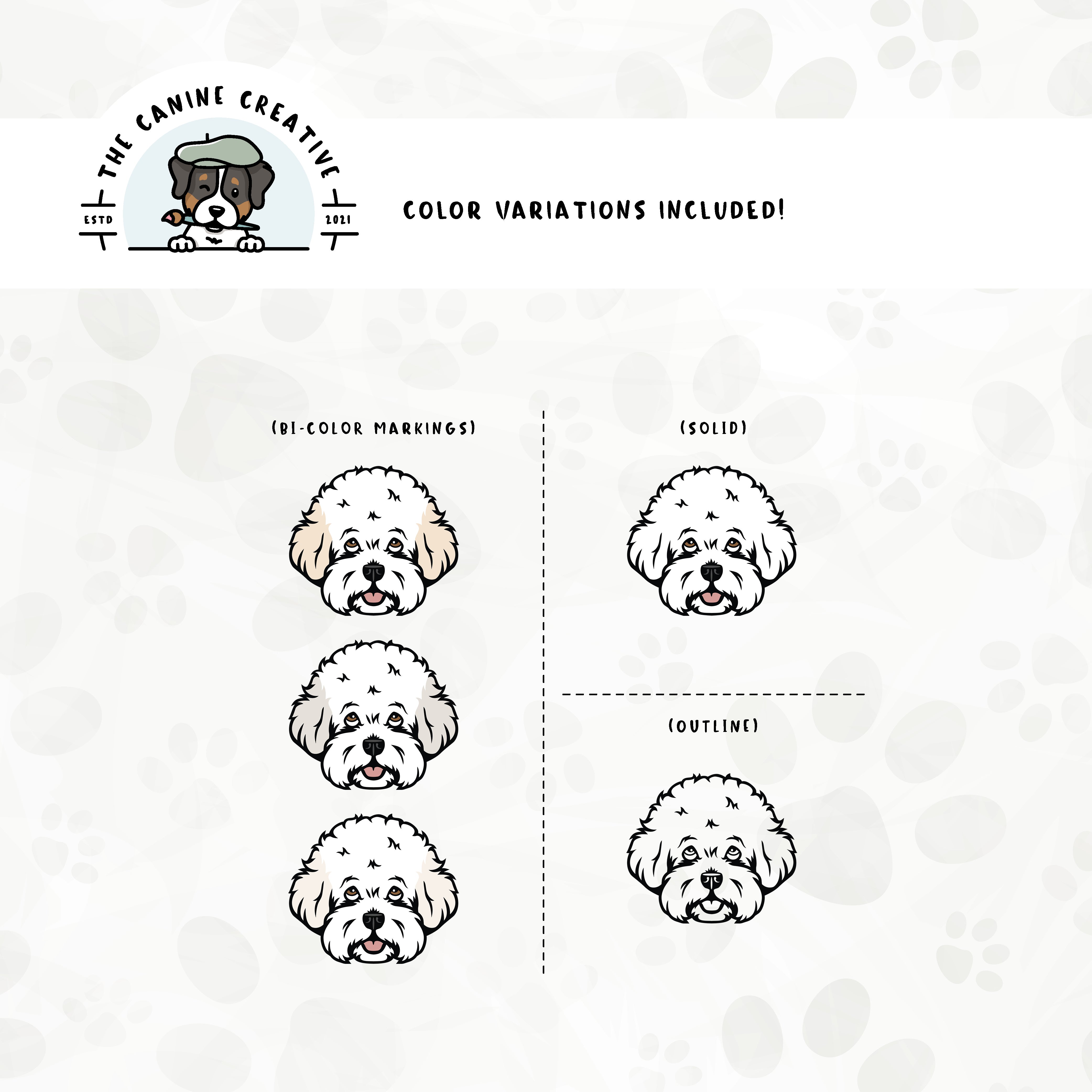 Dog color variations for this design set includes common color and marking variations found in Bichons (white, buff, apricot, and cream), as well as an outline option. 