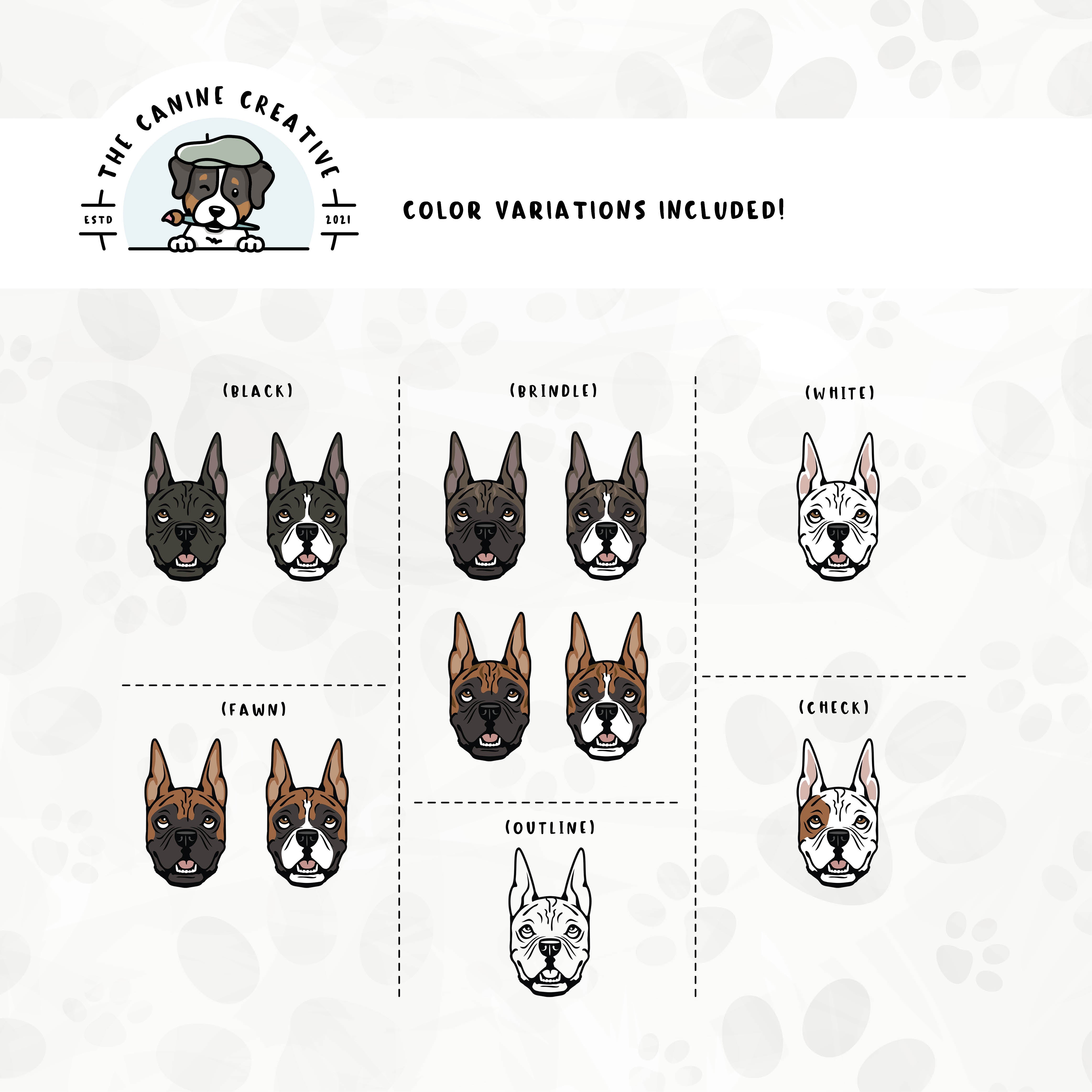 Dog color variations for this Boxer dog design set includes common color and marking variations found in this breed (white, fawn, black, brindle, flashy, classic, and check), as well as an outline option.