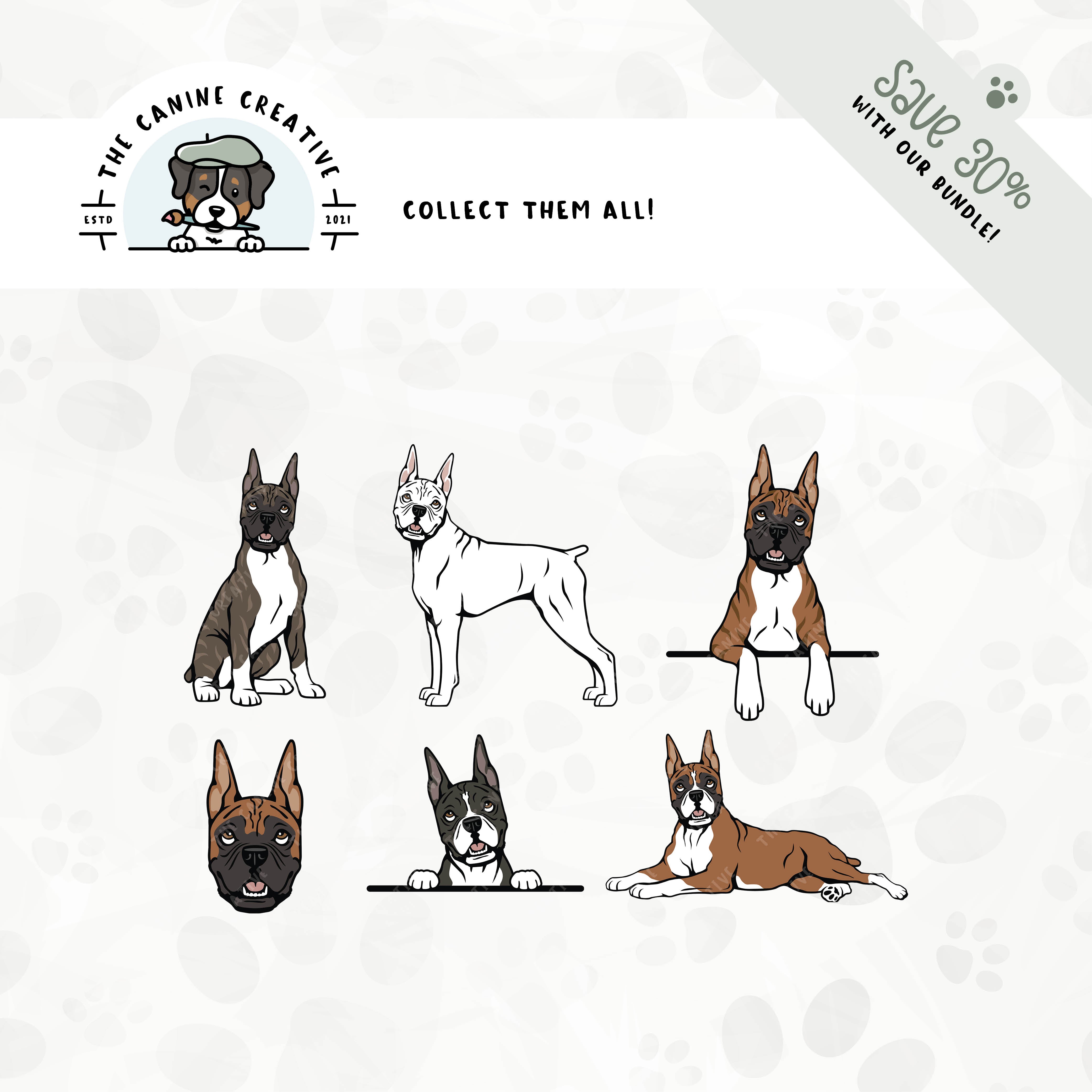 Save 30% with our related 6-pack Boxer dog (cropped ear/docked tail edition) design bundle!
